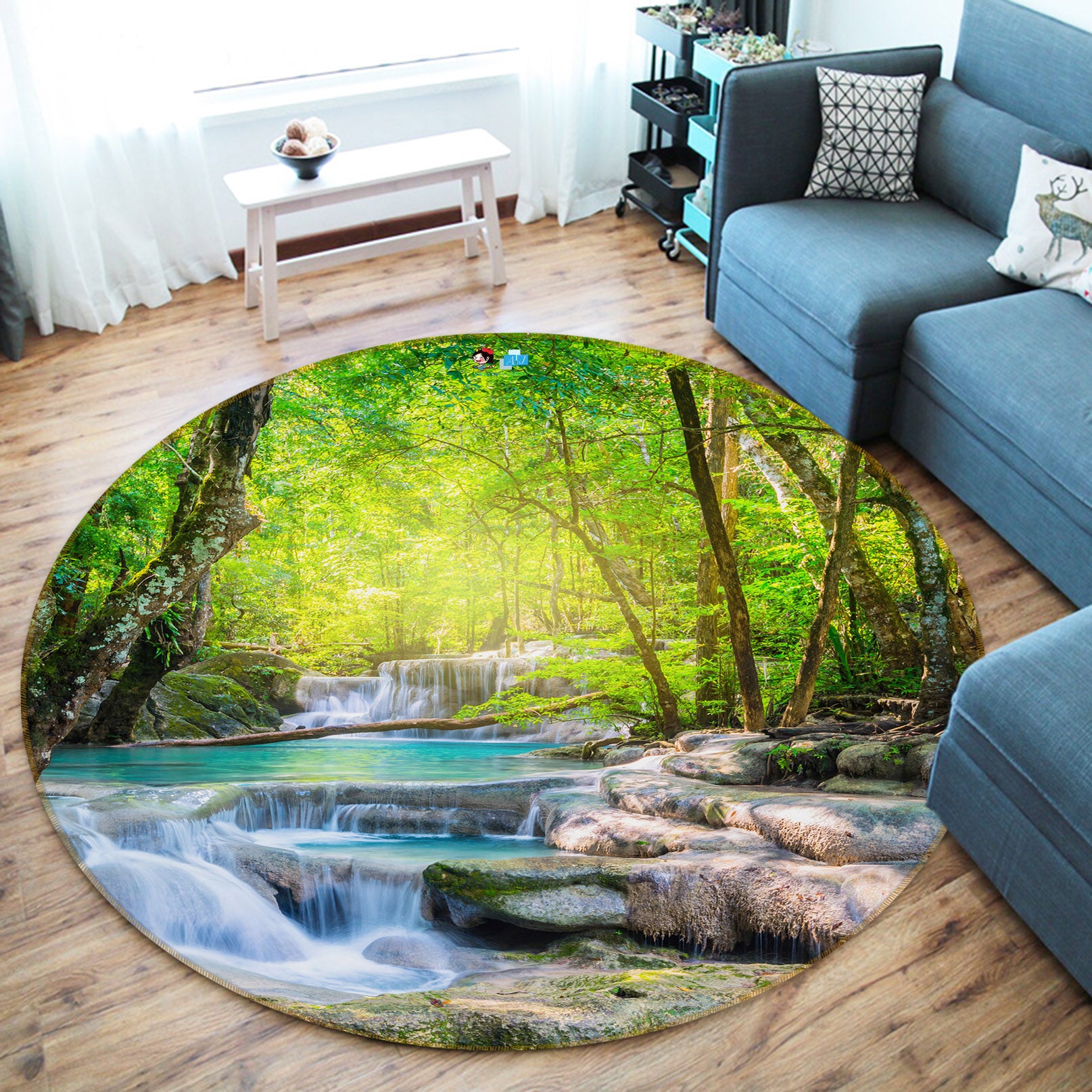 3D Forest Running Water 69103 Round Non Slip Rug Mat