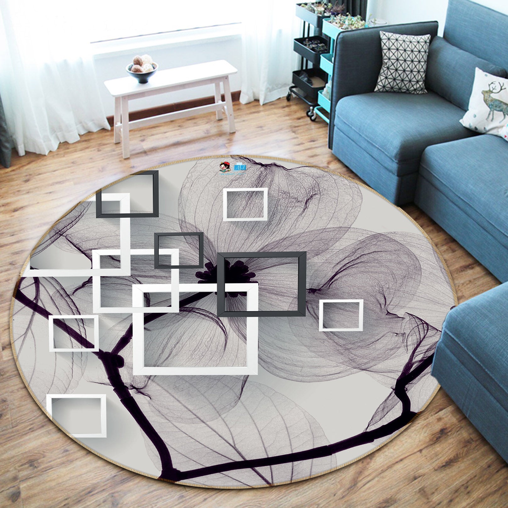3D Square Pattern 66172 Round Non Slip Rug Mat