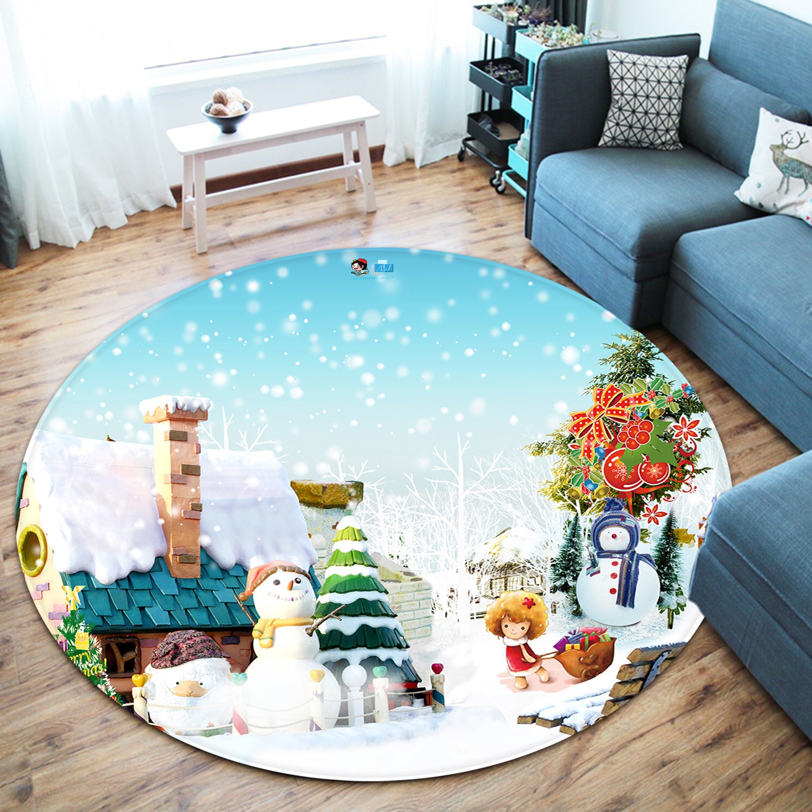 3D House Snowman 65223 Christmas Round Non Slip Rug Mat Xmas