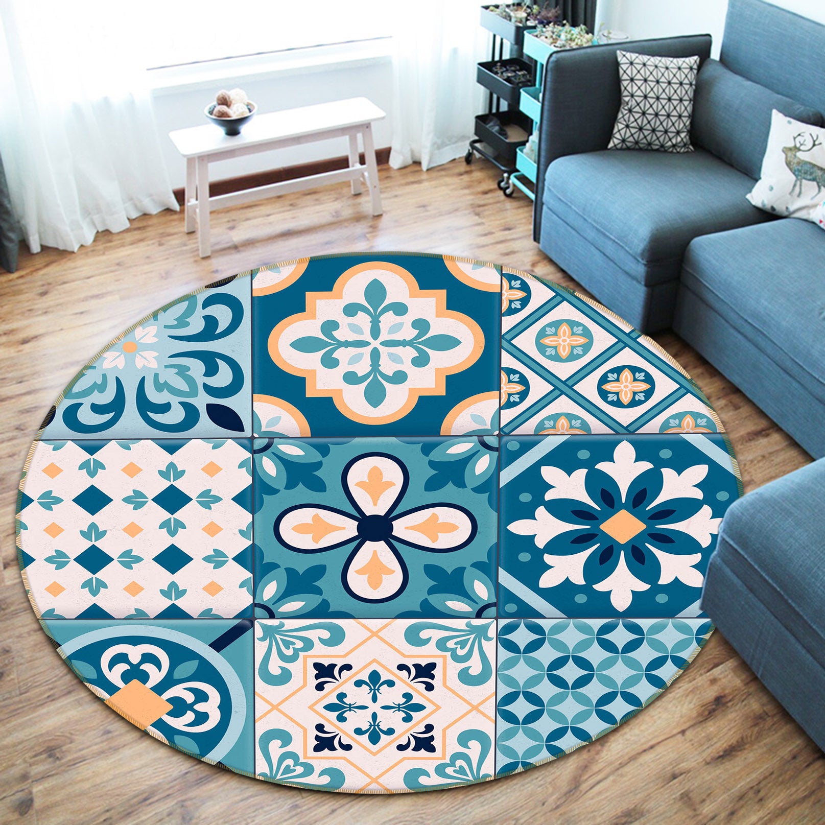 3D Blue Block Pattern 75048 Round Non Slip Rug Mat