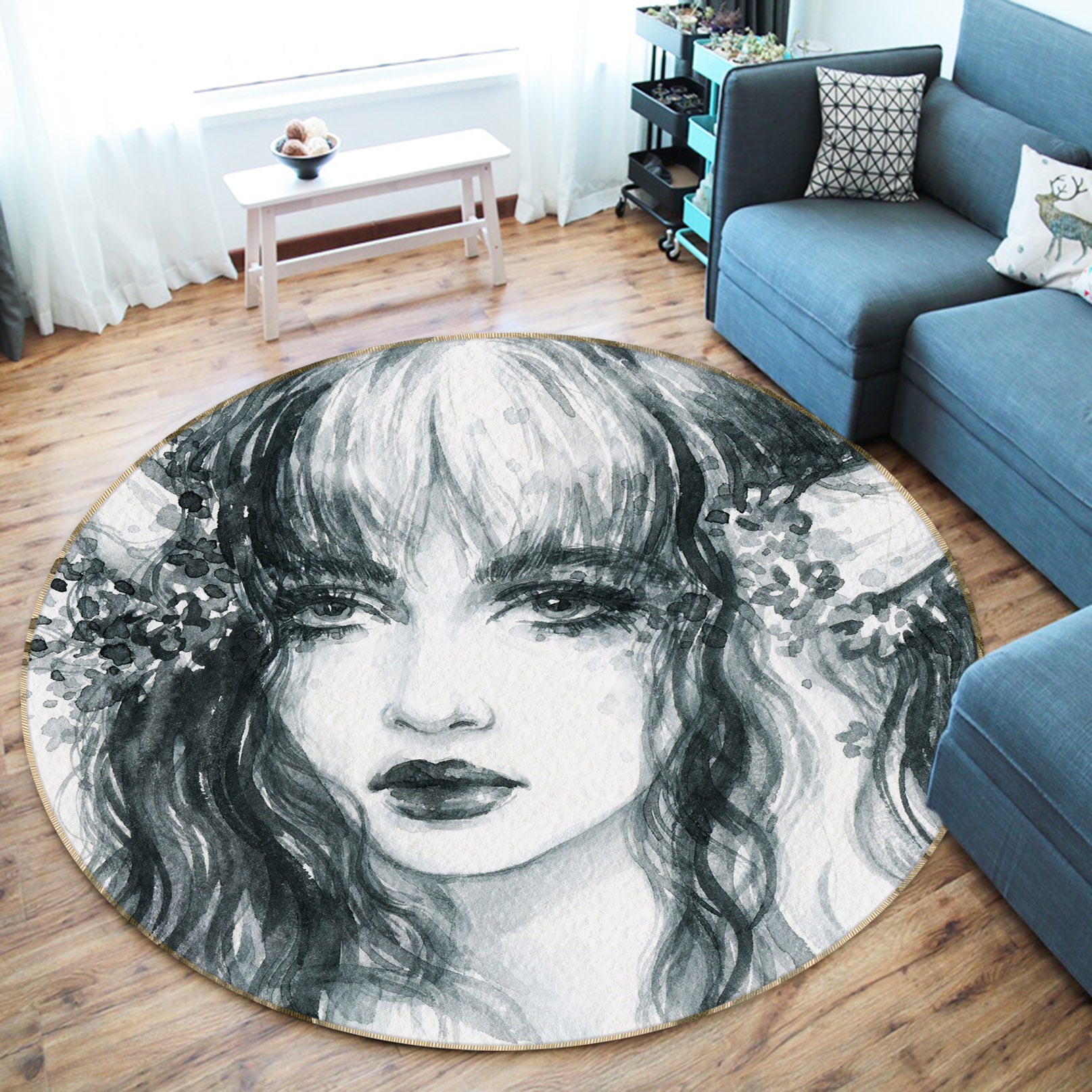 3D Beautiful Curly Hair Women 37030 Round Non Slip Rug Mat