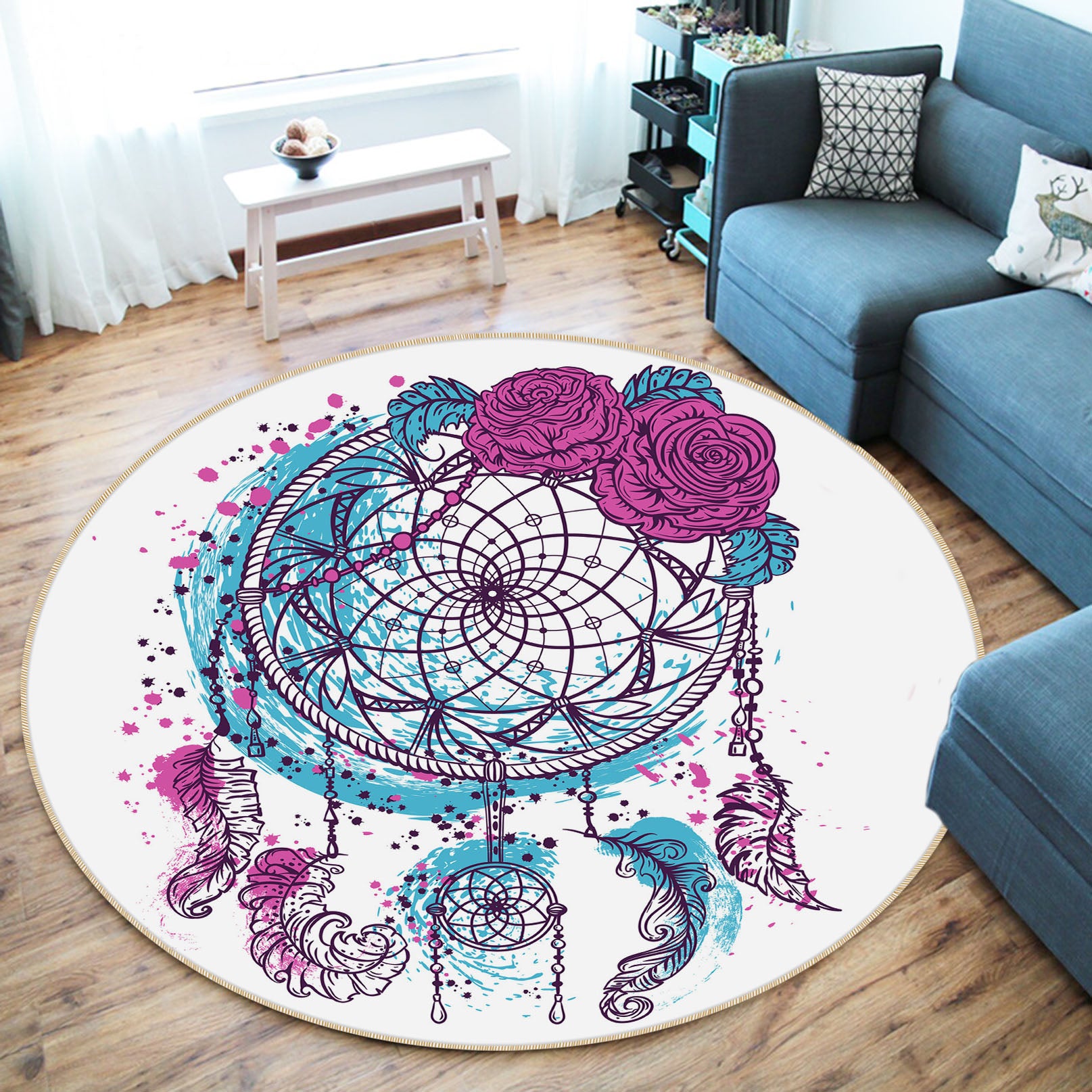 3D Flowers Dreamcatcher 29098 Round Non Slip Rug Mat