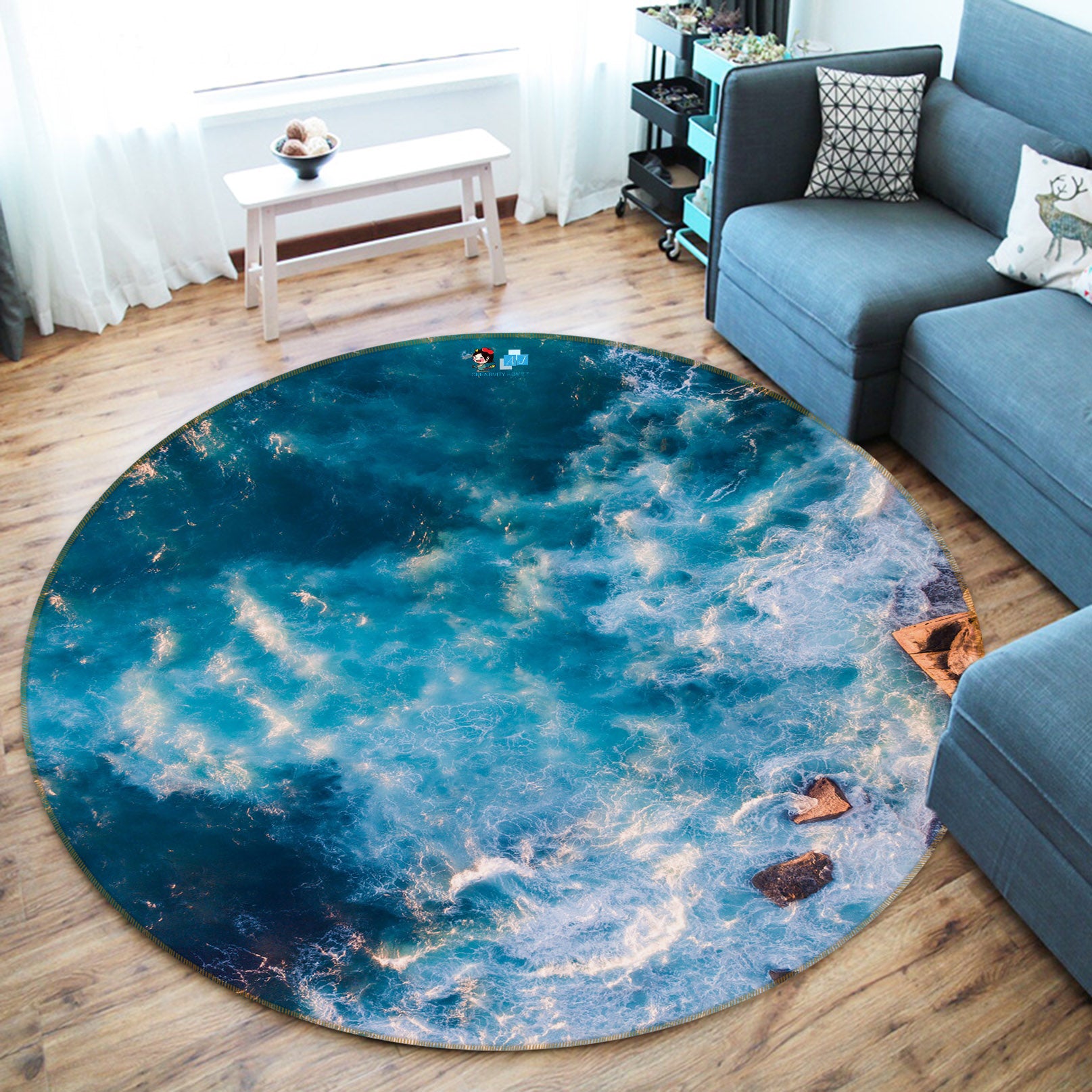3D Sea Waves 69090 Round Non Slip Rug Mat