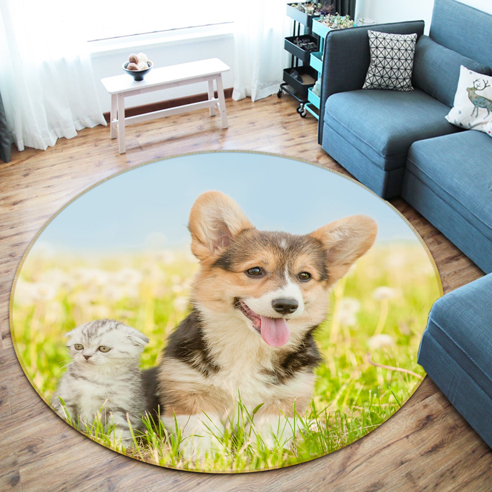 3D Grassland Cat Dog 29007 Round Non Slip Rug Mat