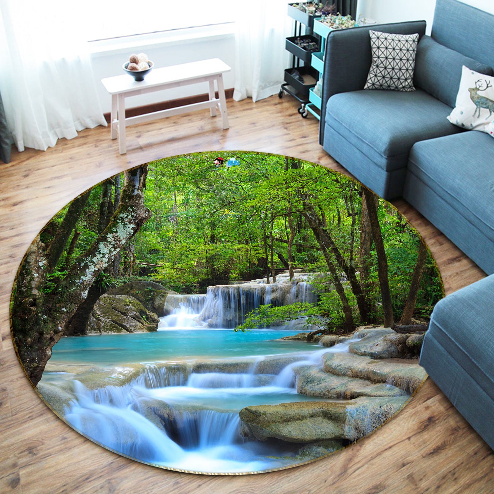 3D Forest Waterfall 72154 Round Non Slip Rug Mat