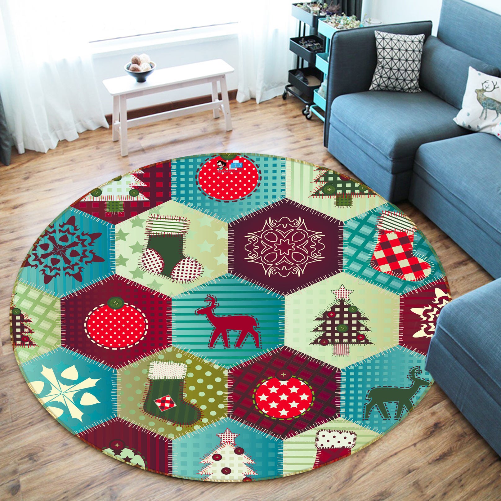 3D Hexagon Deer Pattern 54036 Christmas Round Non Slip Rug Mat Xmas