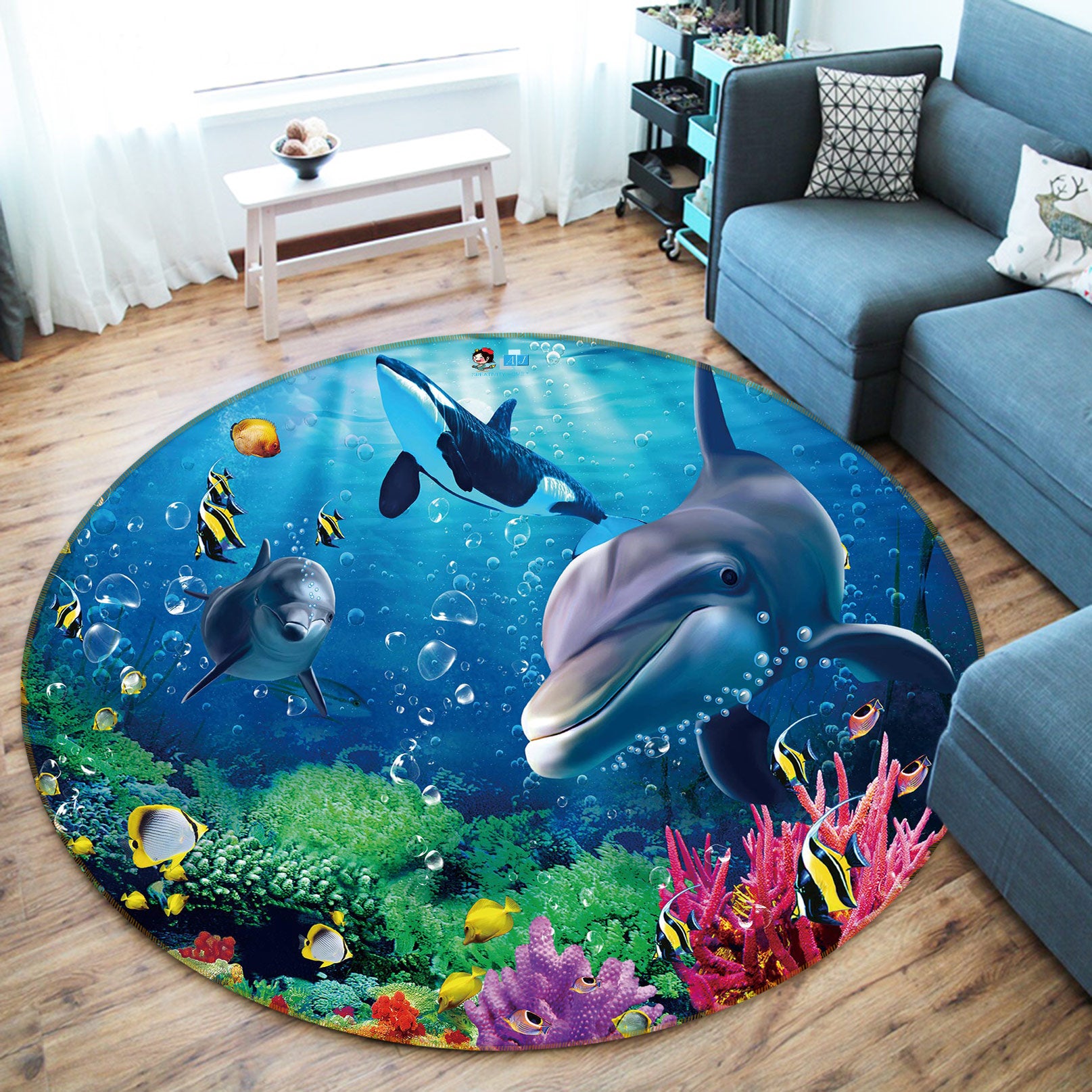 3D Sea Fish Dolphin 72219 Round Non Slip Rug Mat
