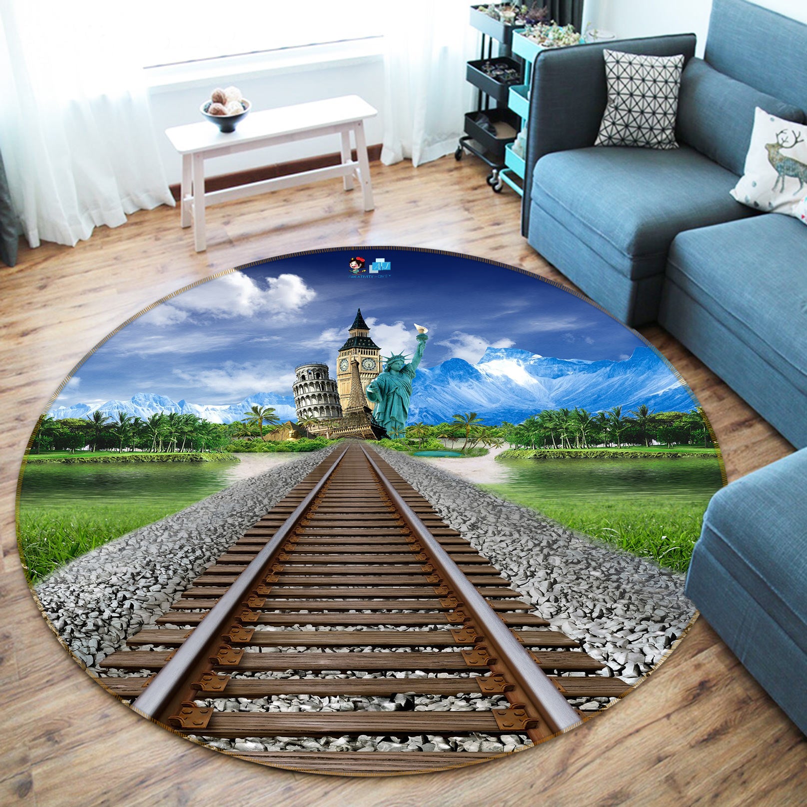 3D Railway Track 72279 Round Non Slip Rug Mat
