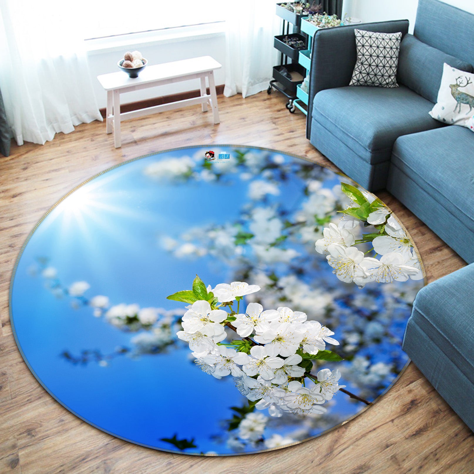 3D Small White Flowers 66177 Round Non Slip Rug Mat