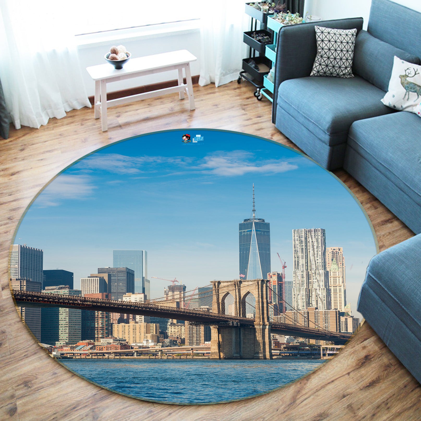 3D New York Bridge Tower 73026 Round Non Slip Rug Mat