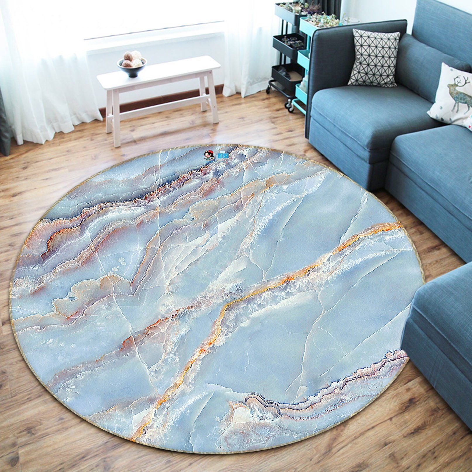 3D Babyblue Marble Texture 256 Round Non Slip Rug Mat Mat AJ Creativity Home 