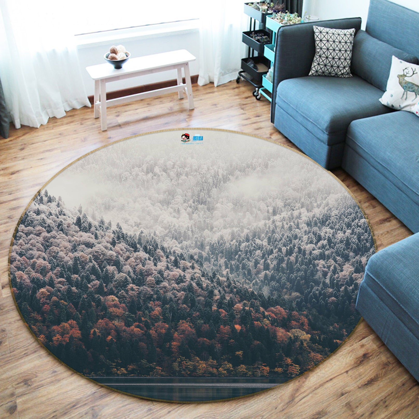 3D Mountain Trees 69221 Round Non Slip Rug Mat