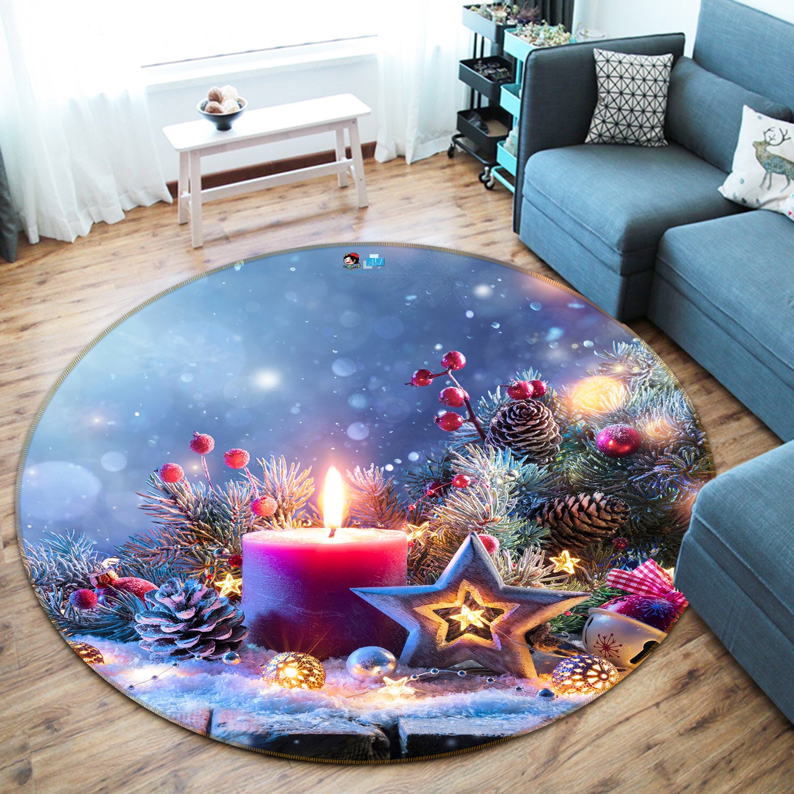 3D Candle Five-Pointed Star 54209 Christmas Round Non Slip Rug Mat Xmas