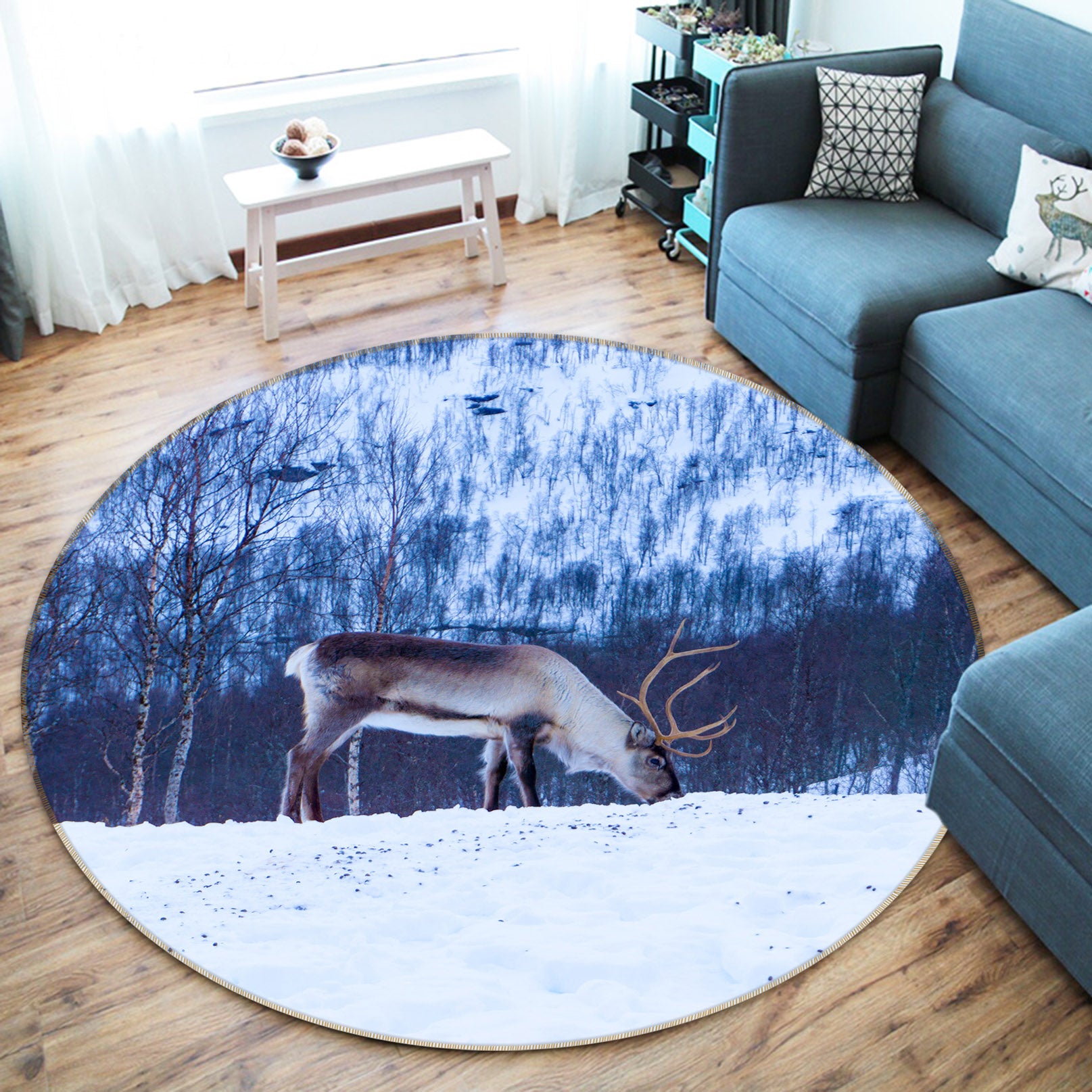 3D Snow Elk 38072 Animal Round Non Slip Rug Mat