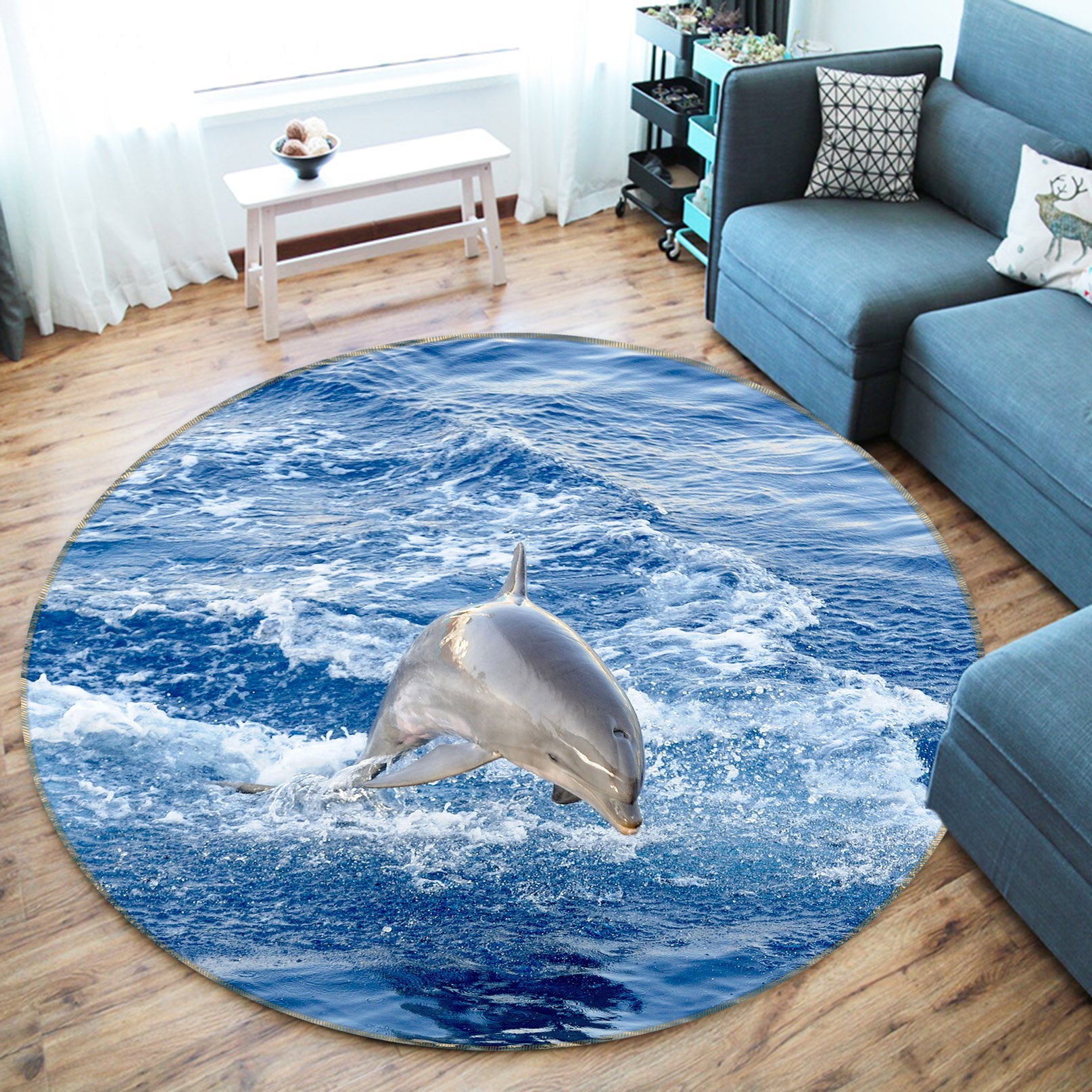 3D Jump Dolphin Surge 38019 Animal Round Non Slip Rug Mat