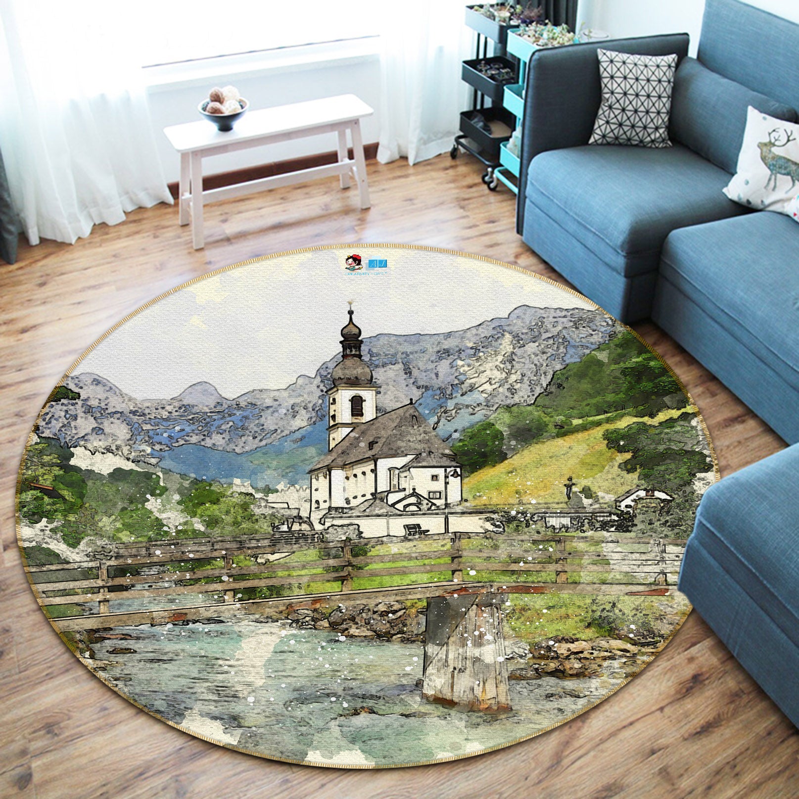 3D Mountain House 64111 Round Non Slip Rug Mat