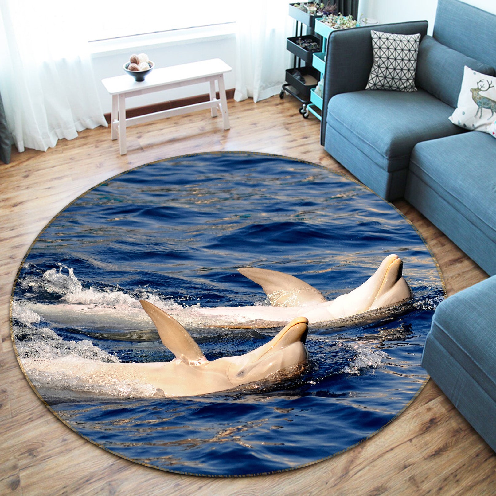 3D Two Dolphins 71200 Round Non Slip Rug Mat