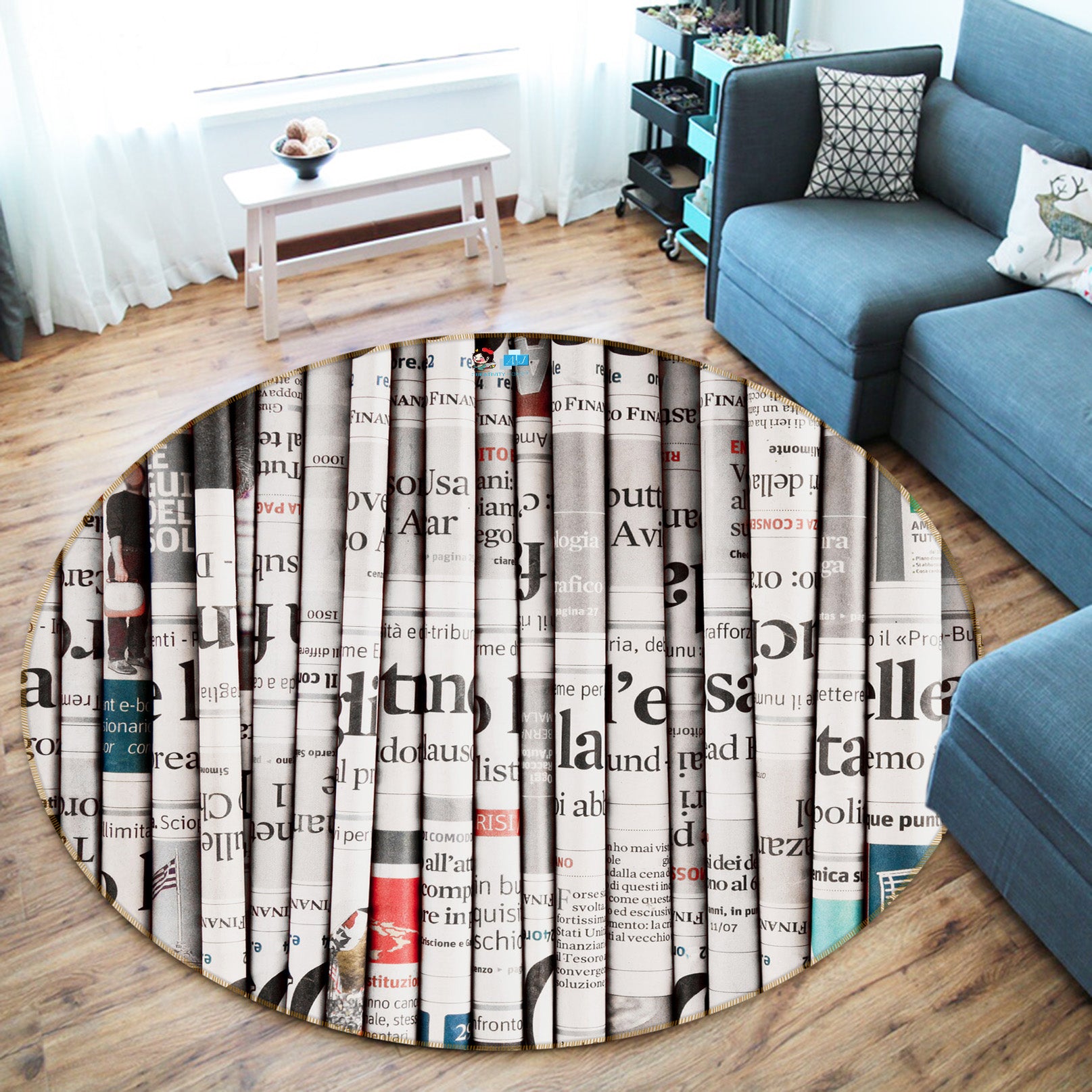3D Newspaper Book 74008 Round Non Slip Rug Mat