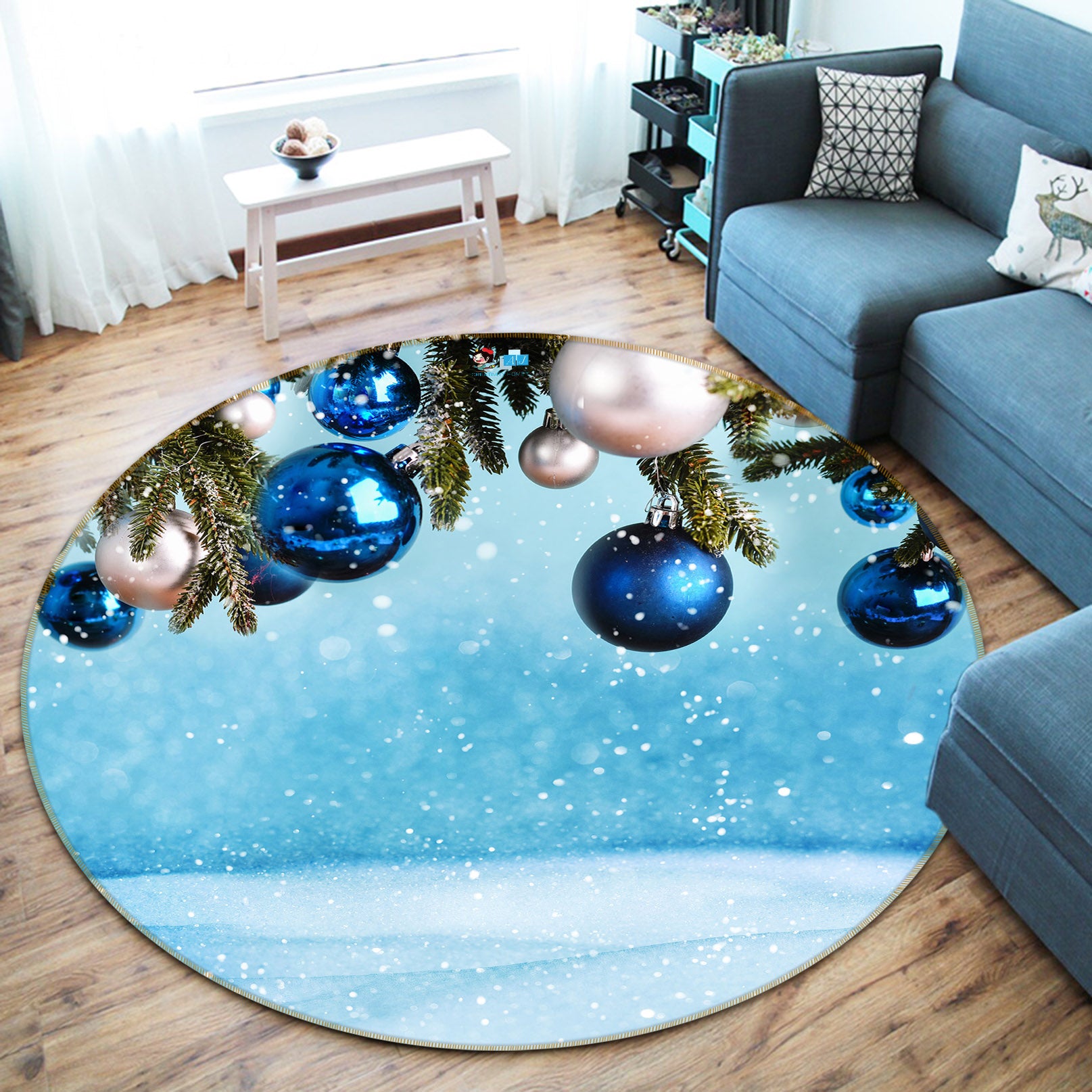 3D Blue Ball 54181 Christmas Round Non Slip Rug Mat Xmas