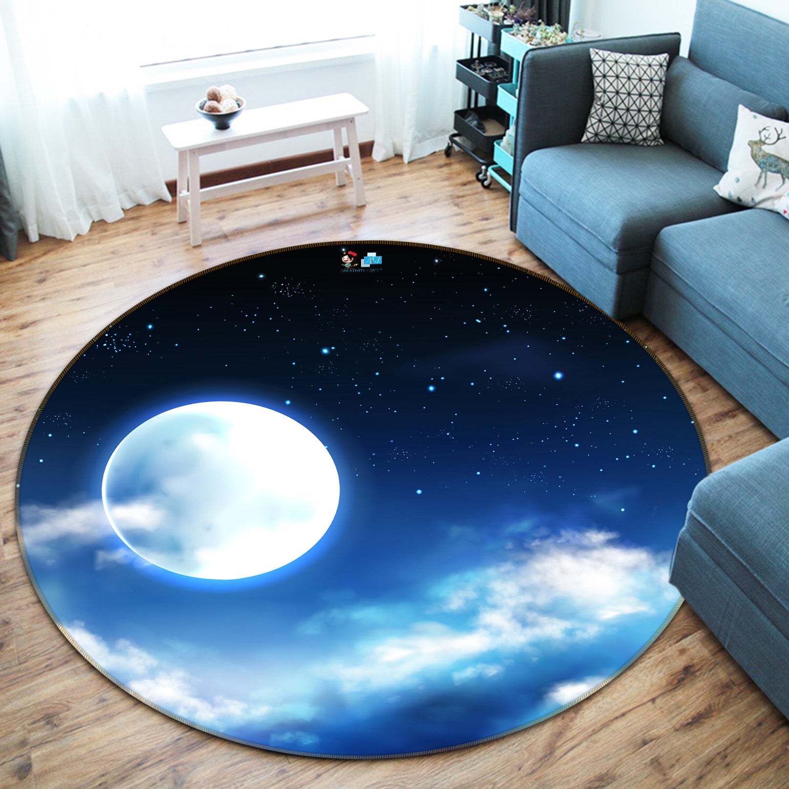 3D Moon Clouds 81031 Round Non Slip Rug Mat