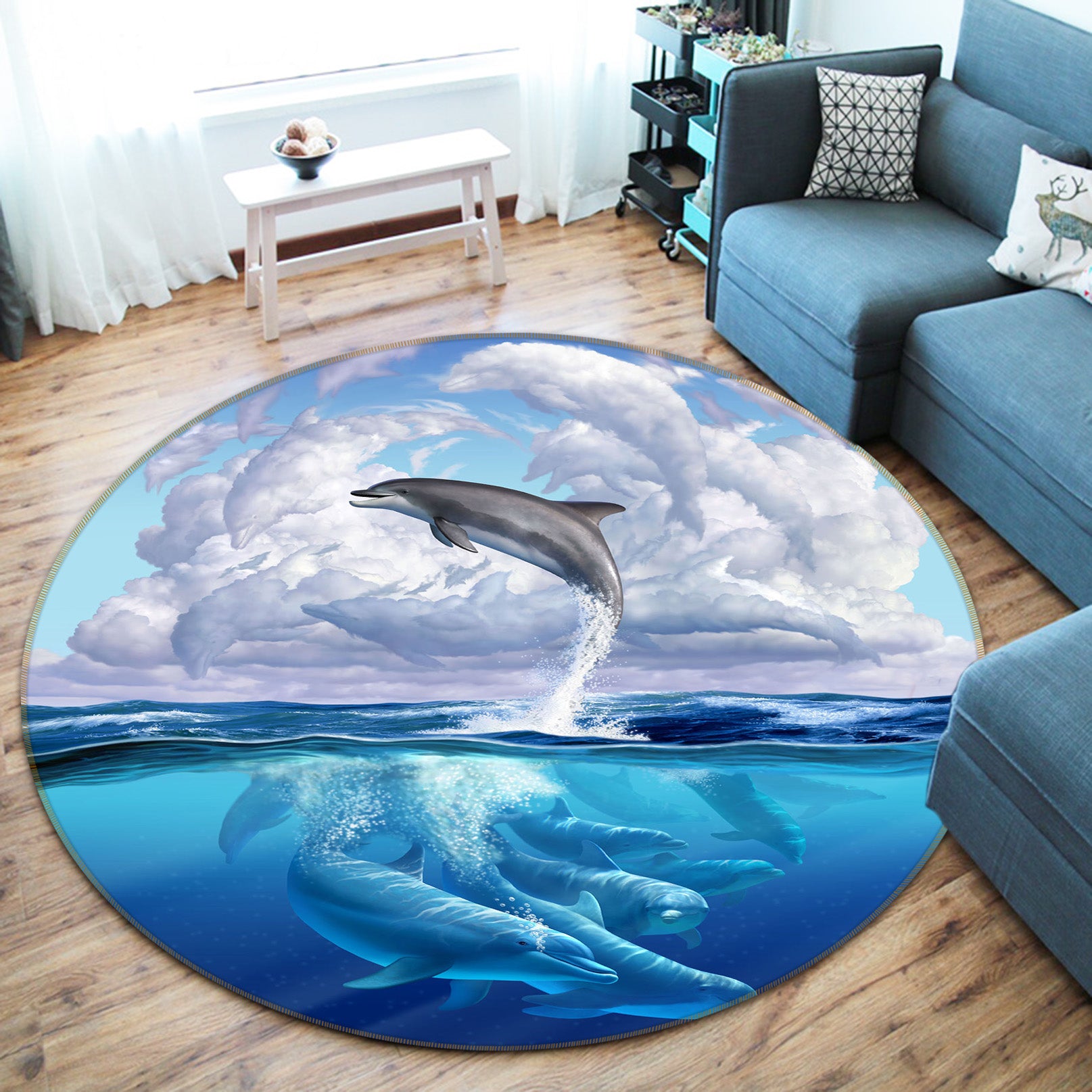 3D Dolphin Sea Clouds 83126 Jerry LoFaro Rug Round Non Slip Rug Mat