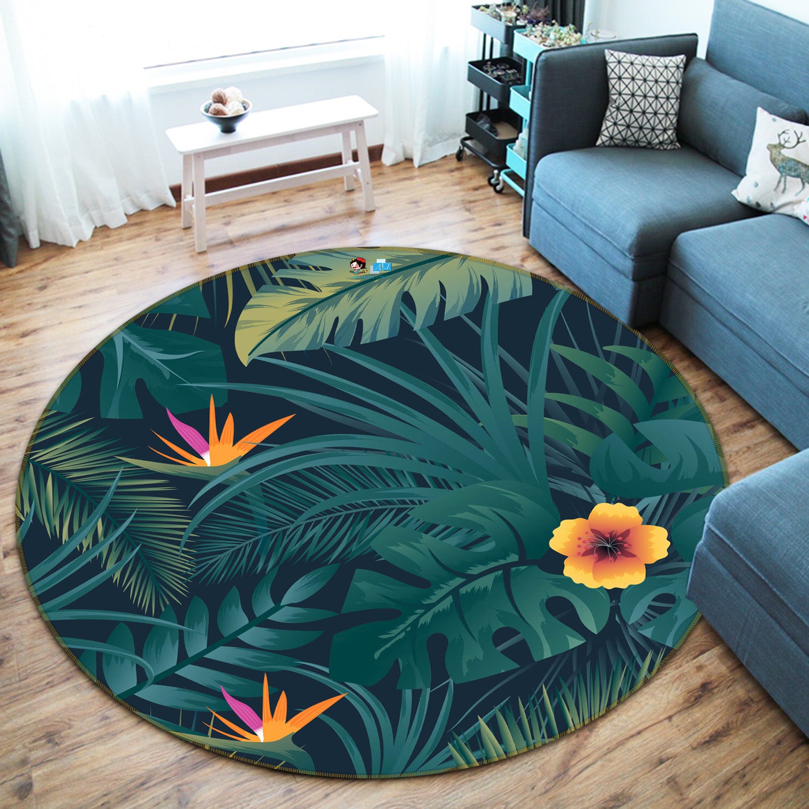 3D Leaves Little Flowers 71253 Round Non Slip Rug Mat