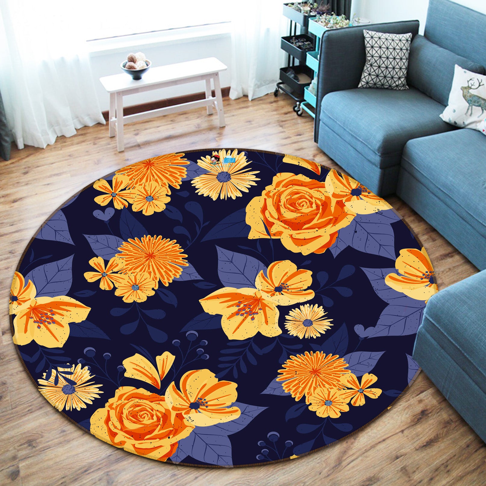 3D Orange Flower Pattern 64073 Round Non Slip Rug Mat