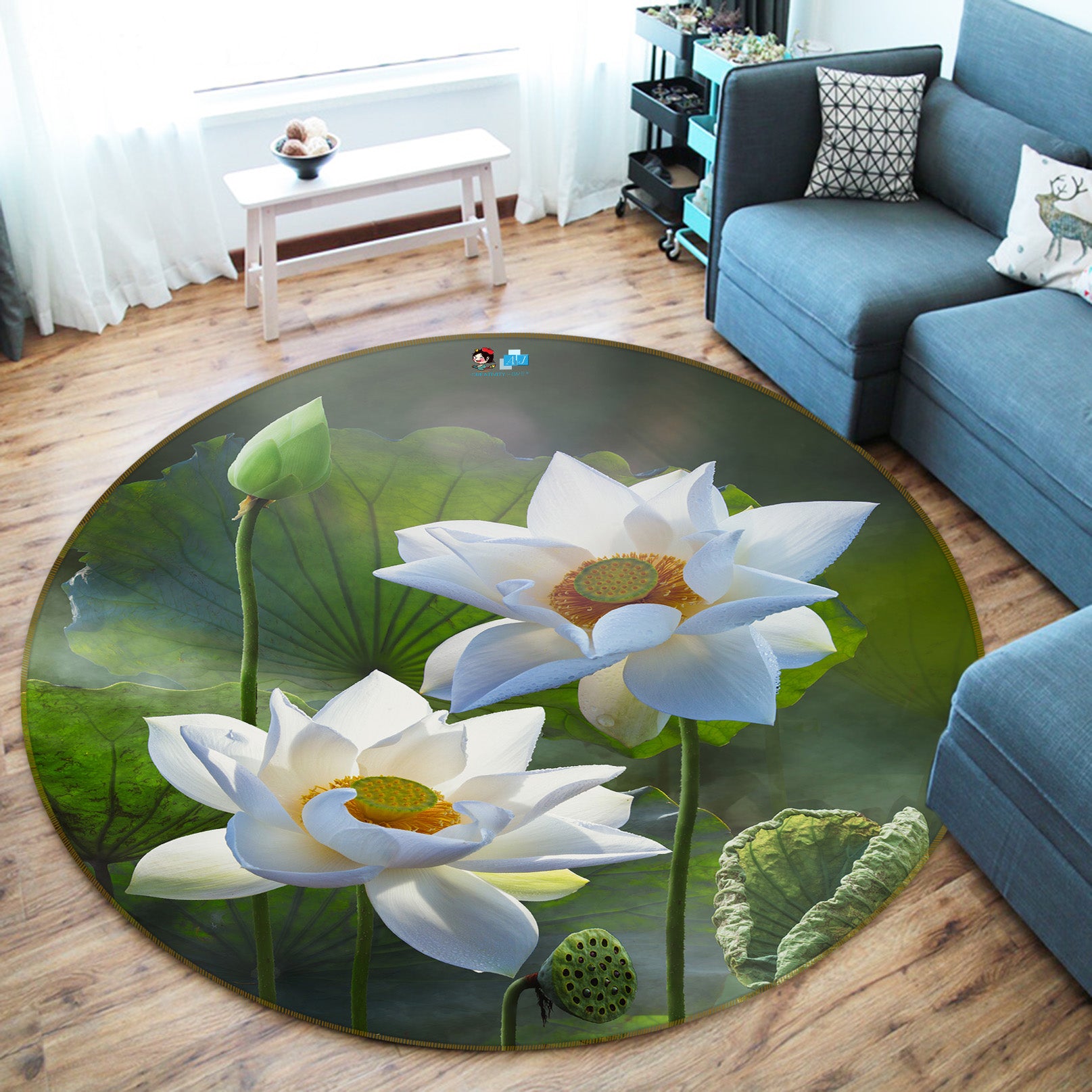 3D White Lotus 71170 Round Non Slip Rug Mat
