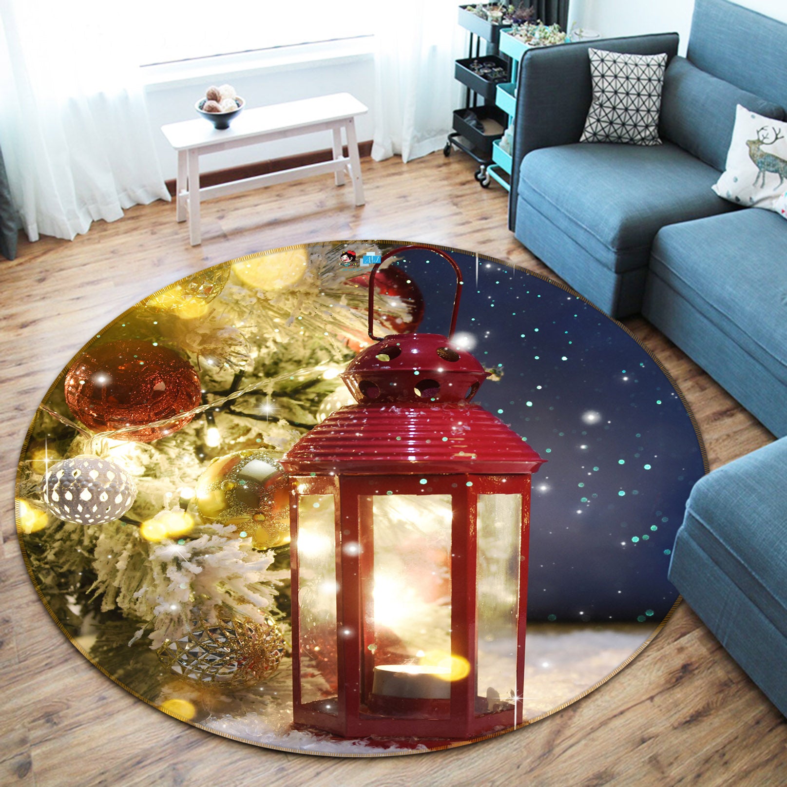 3D Candle Lights 54165 Christmas Round Non Slip Rug Mat Xmas