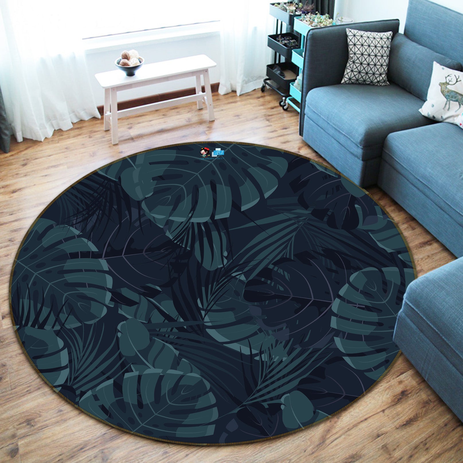 3D Dark Leaves Pattern 64051 Round Non Slip Rug Mat