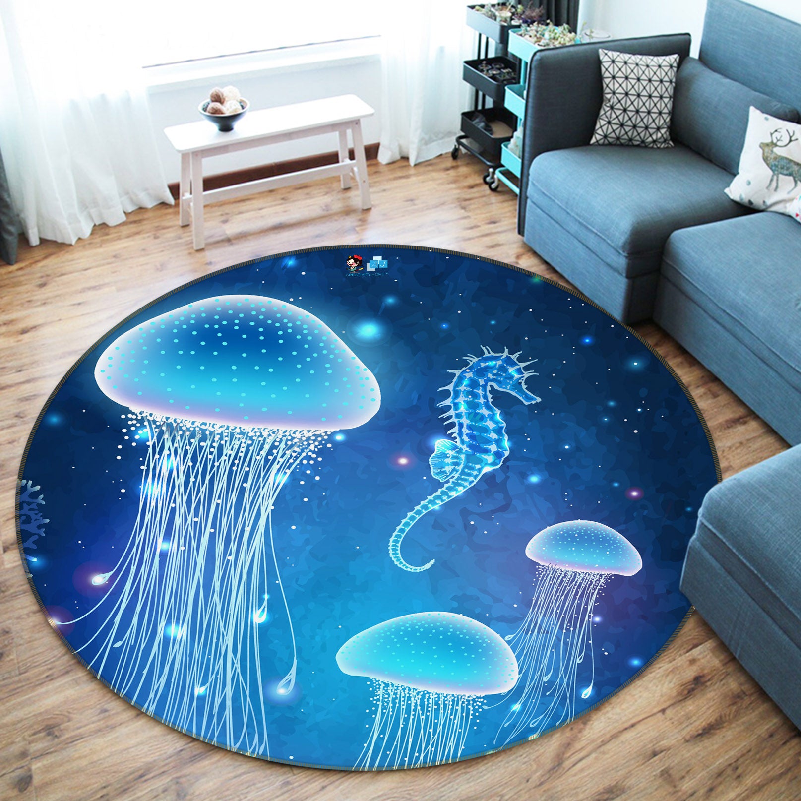 3D Jellyfish Hippocampus 69156 Round Non Slip Rug Mat