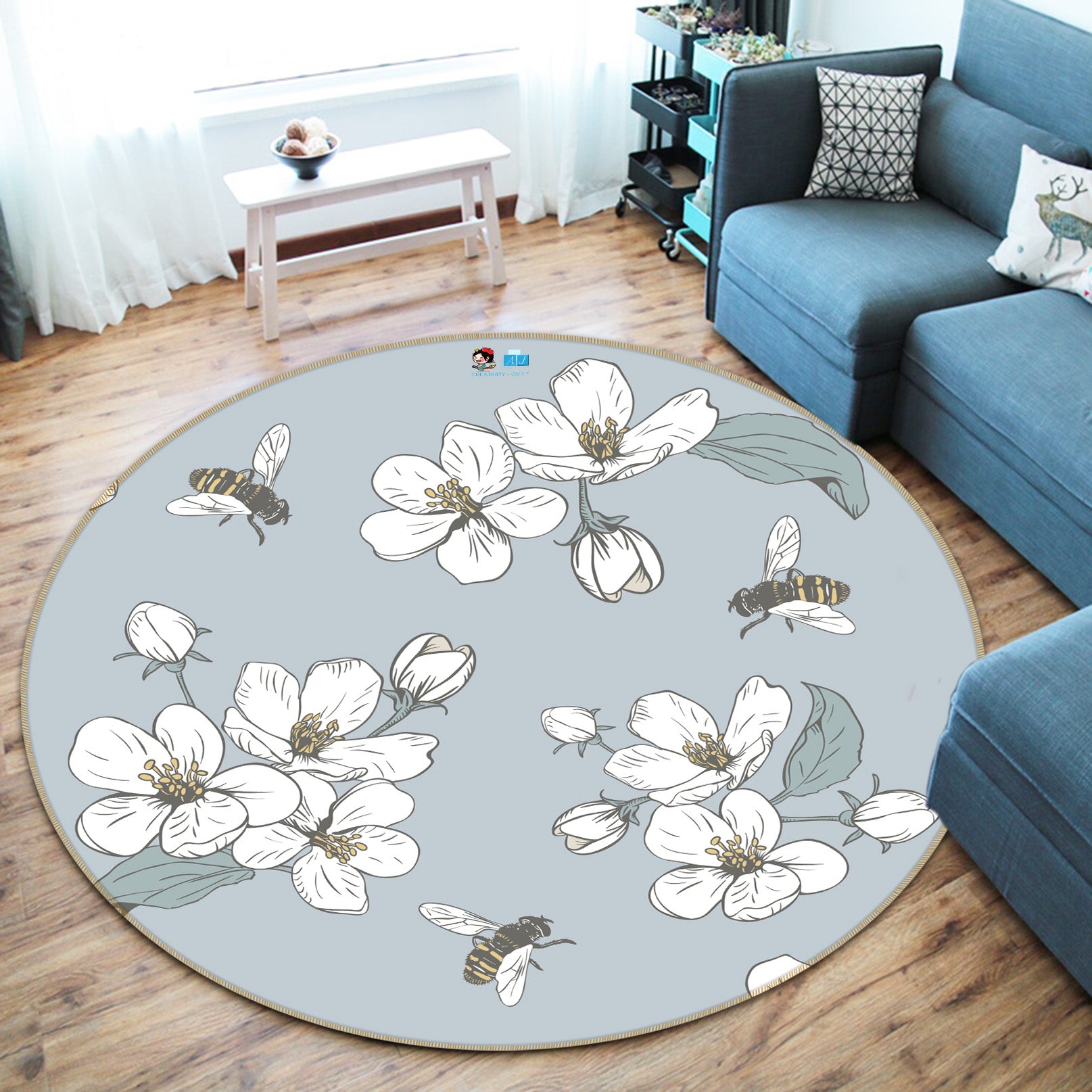 3D White Flower 64178 Round Non Slip Rug Mat
