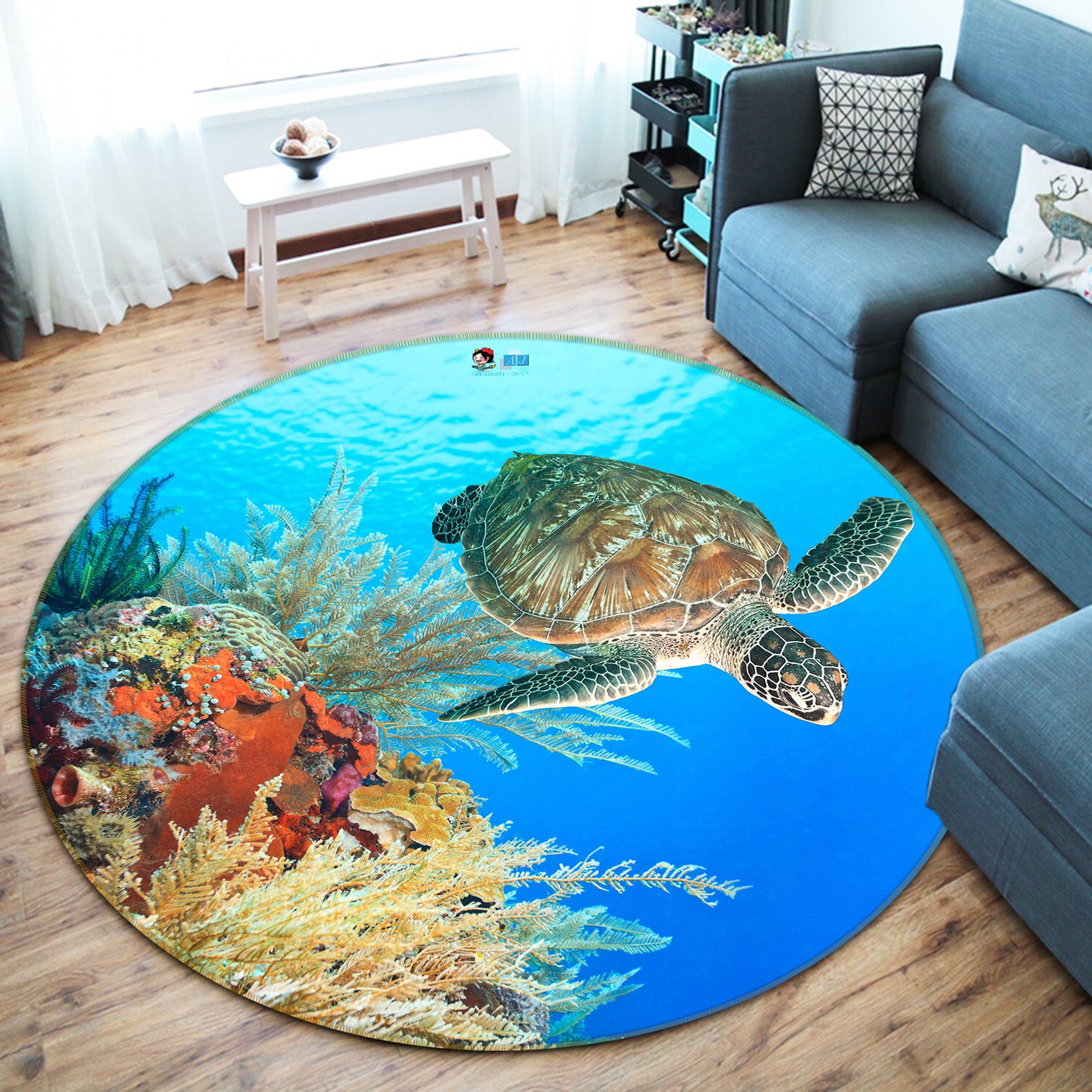 3D Sea Turtle 74130 Round Non Slip Rug Mat