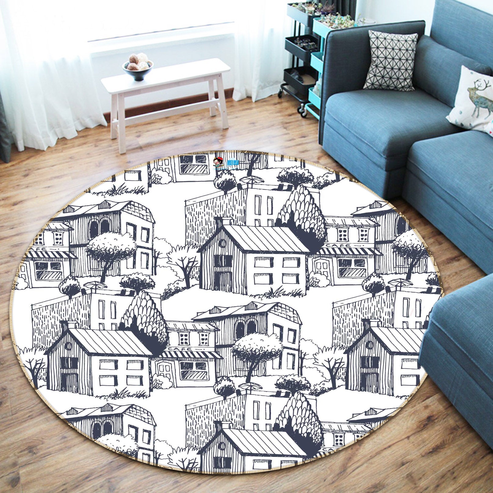 3D Houses Pattern 64049 Round Non Slip Rug Mat