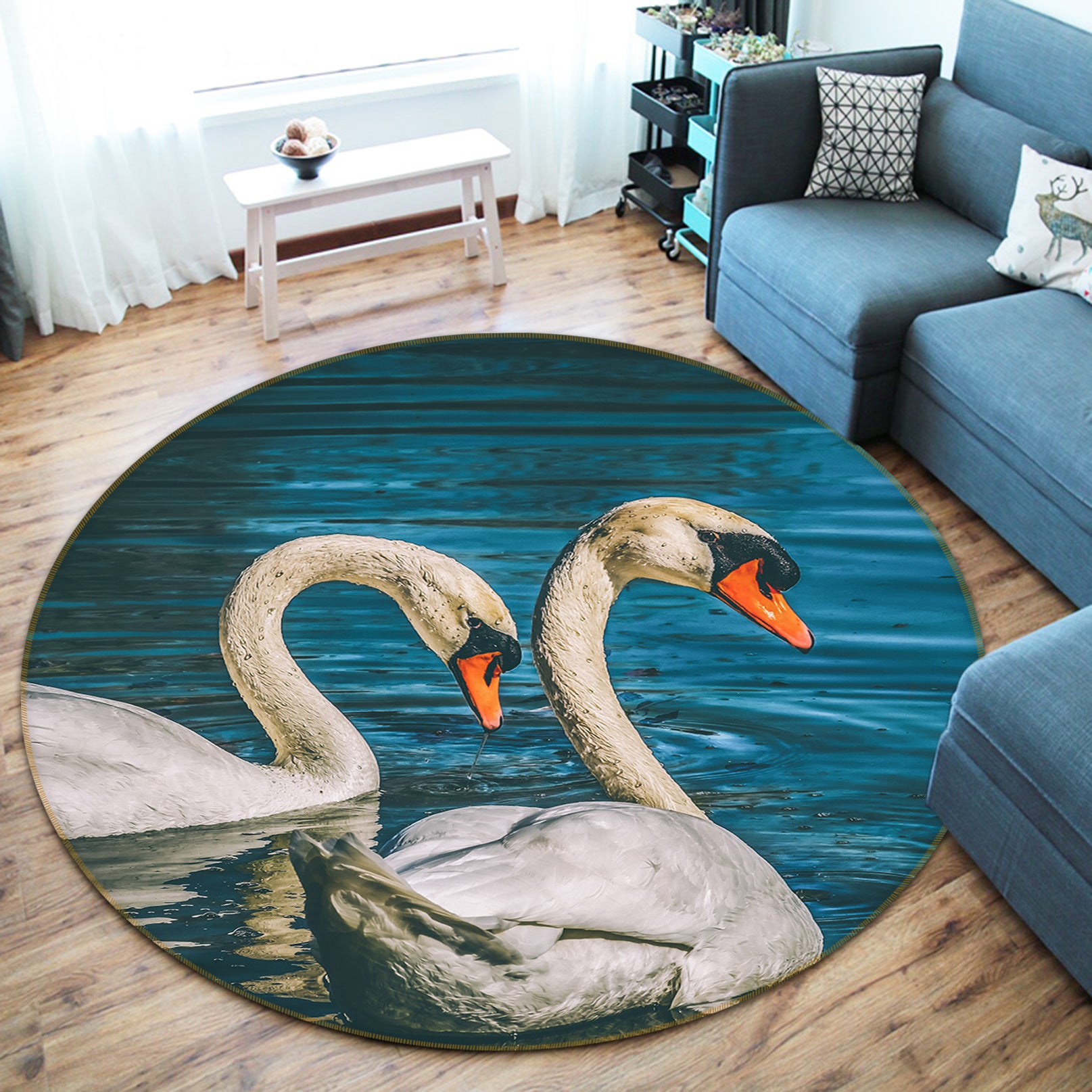 3D Two Swans 82276 Animal Round Non Slip Rug Mat