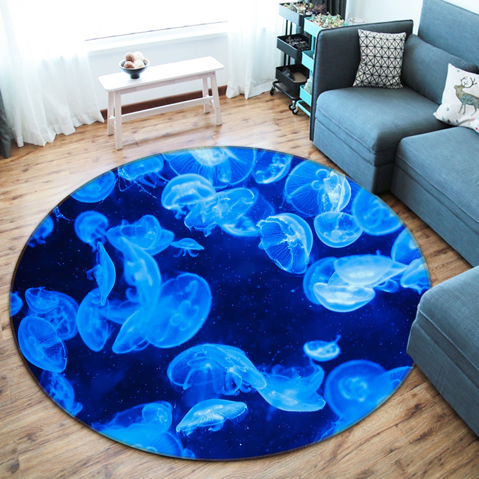 3D Blue Jellyfish 74041 Round Non Slip Rug Mat