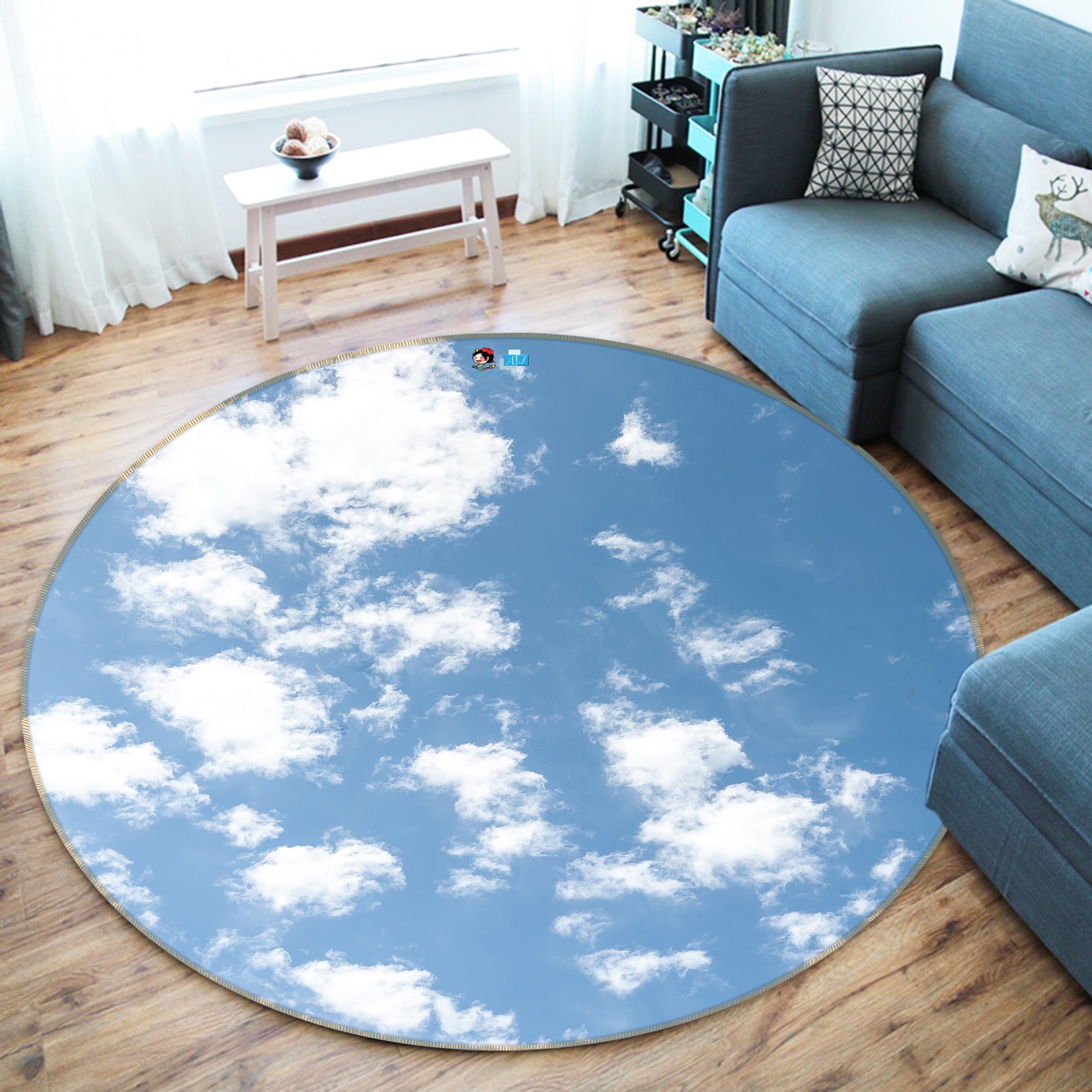 3D Blue Sky White Clouds 72275 Round Non Slip Rug Mat