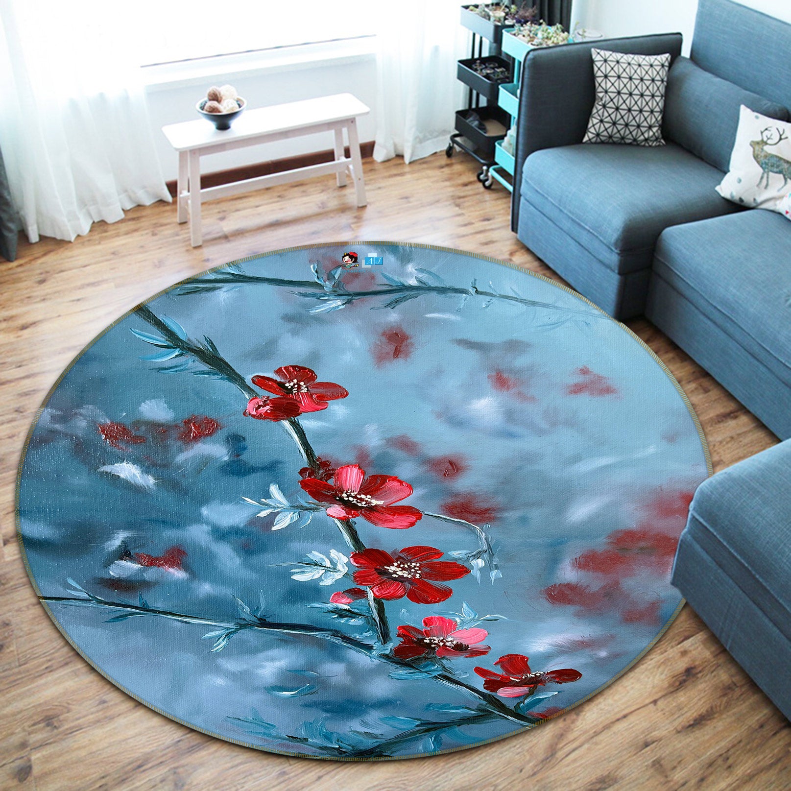 3D Red Flower Branch 9747 Marina Zotova Rug Round Non Slip Rug Mat