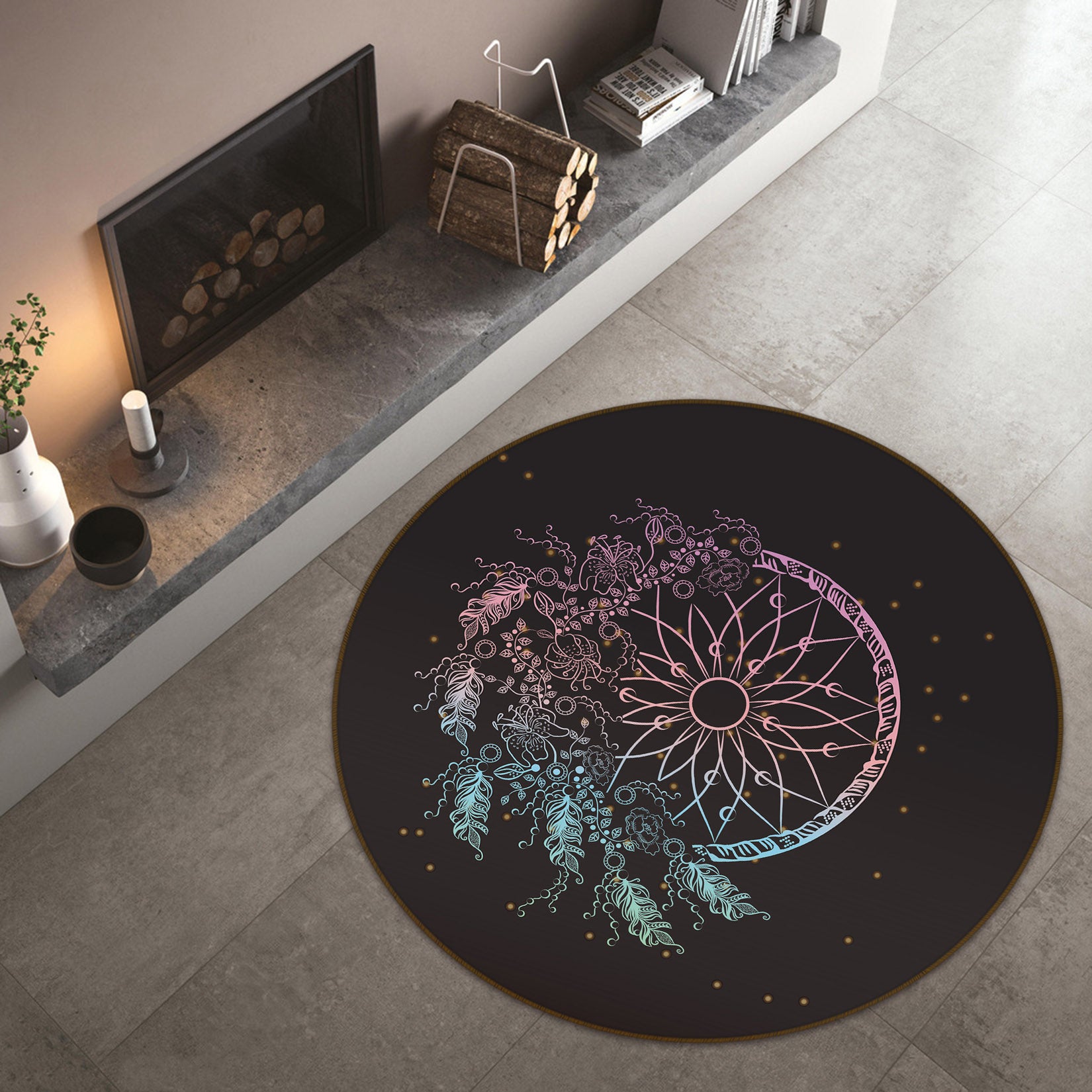 3D Flower Circle Dream Catcher 29039 Round Non Slip Rug Mat
