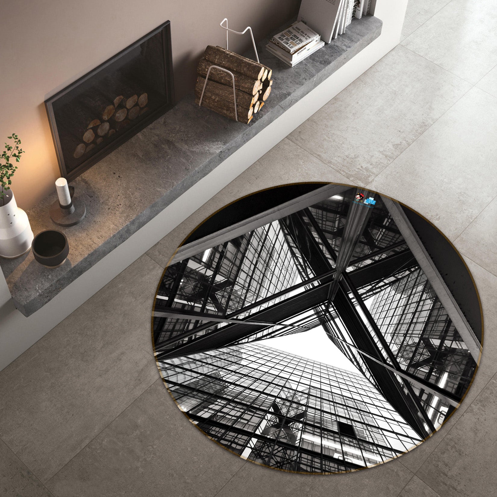 3D Black White Building 72081 Round Non Slip Rug Mat