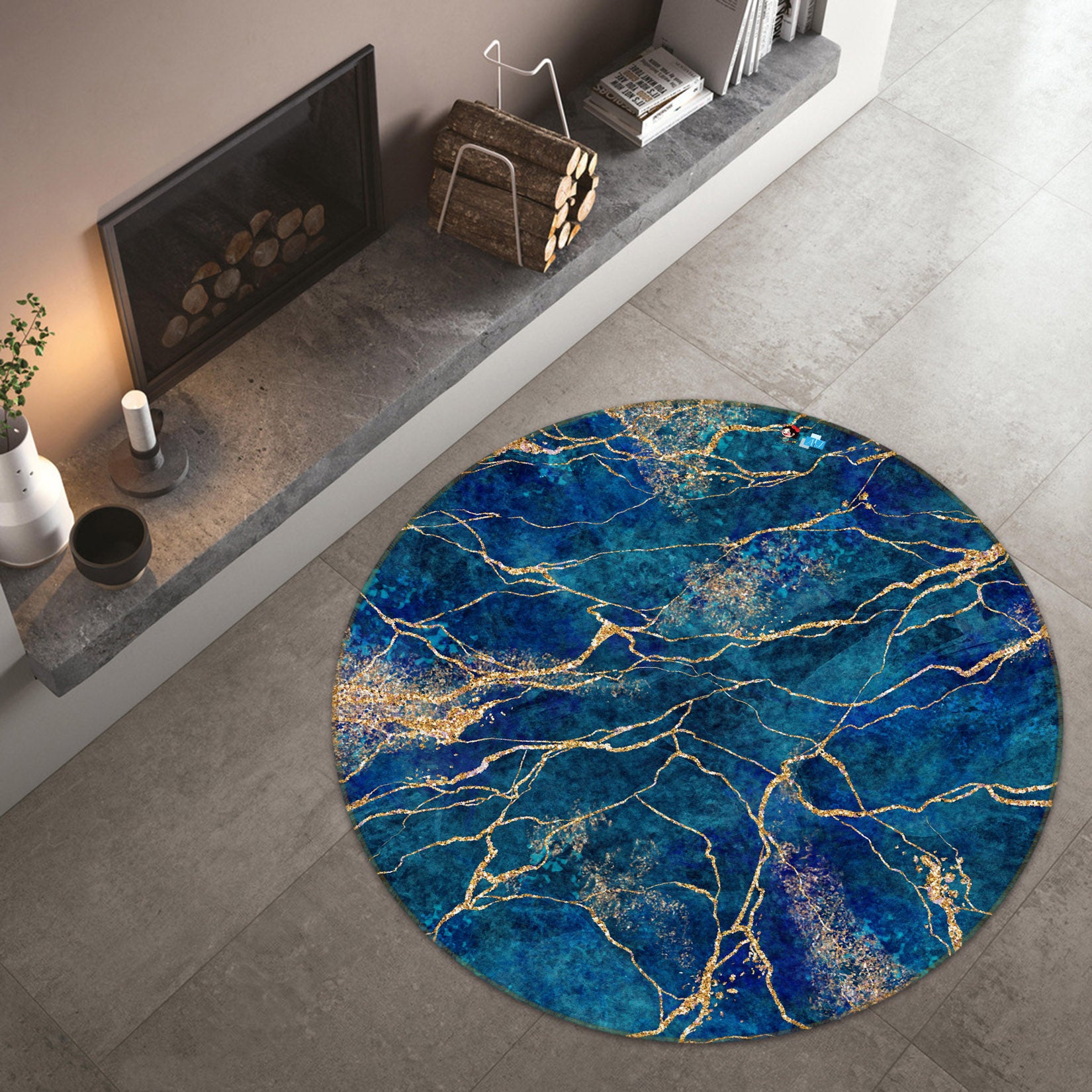 3D Navy Blue Marbling 71150 Round Non Slip Rug Mat