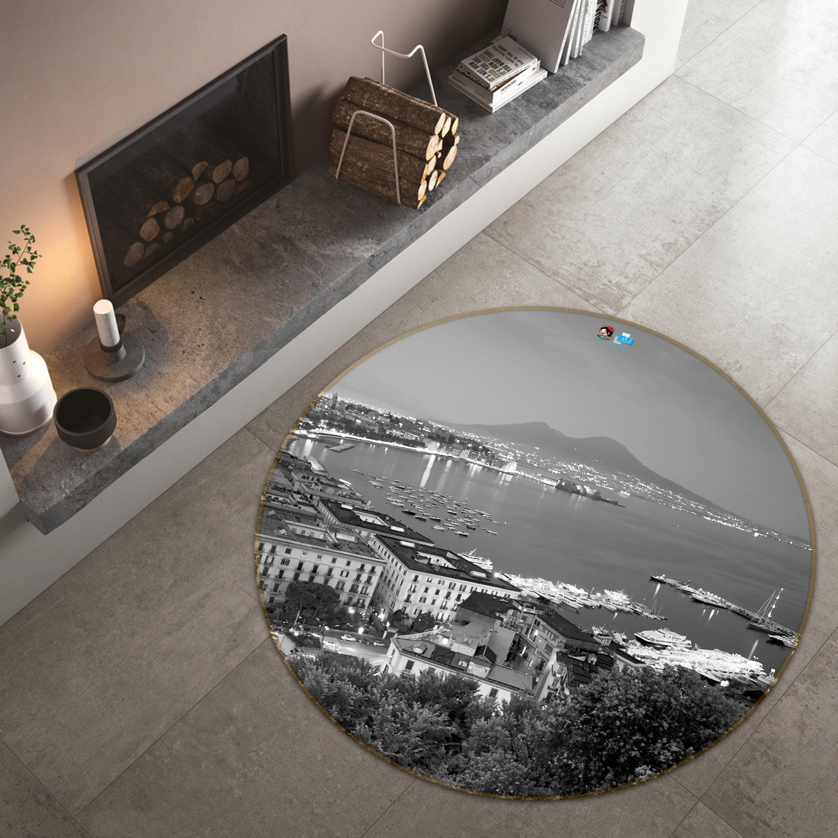 3D Black White City Overlooking 74120 Round Non Slip Rug Mat