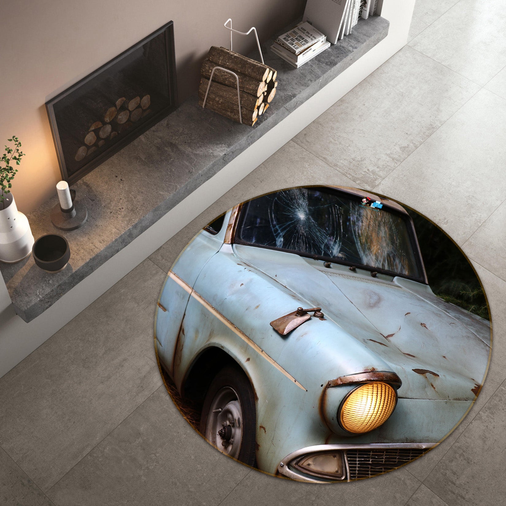 3D Old Car 72117 Round Non Slip Rug Mat