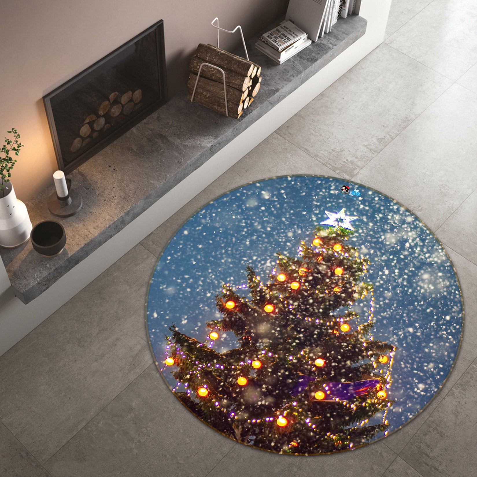 3D Tree Snowing 54183 Christmas Round Non Slip Rug Mat Xmas