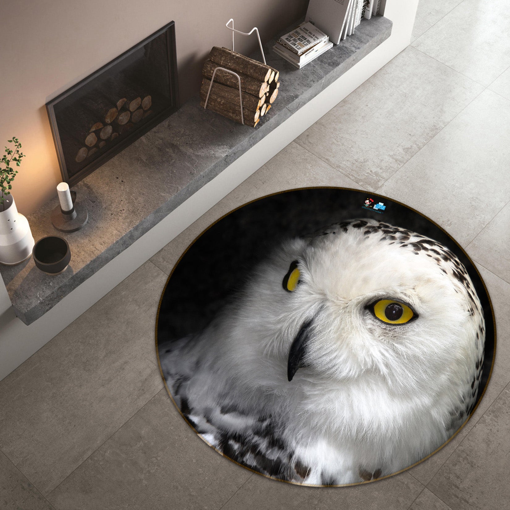 3D White Owl 72057 Round Non Slip Rug Mat