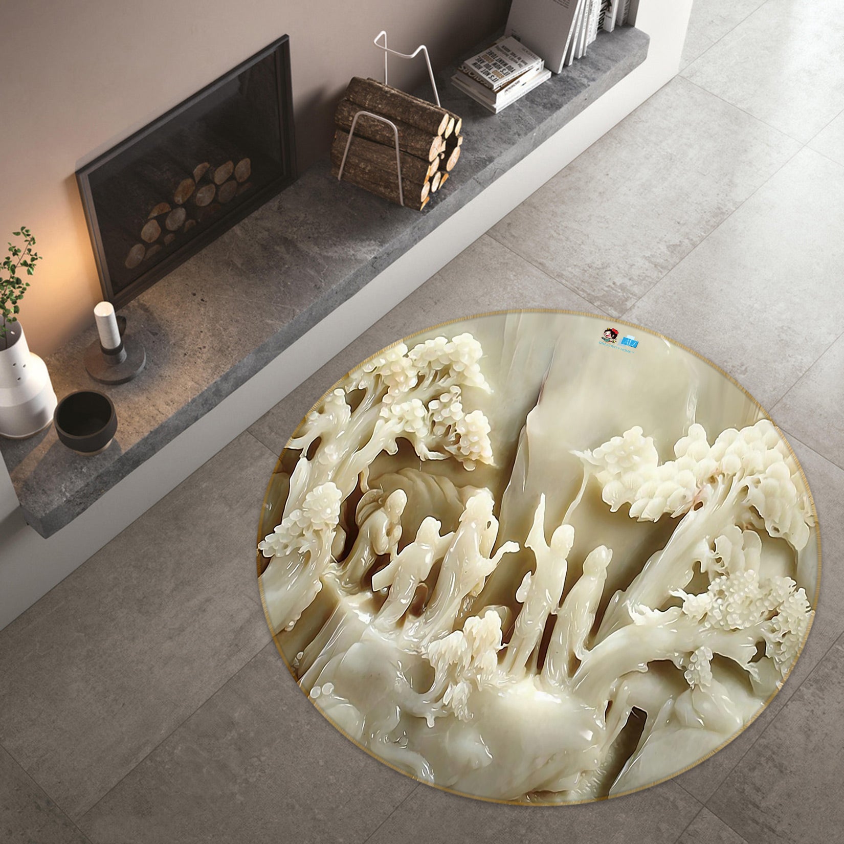 3D White Jade Carving 81015 Round Non Slip Rug Mat