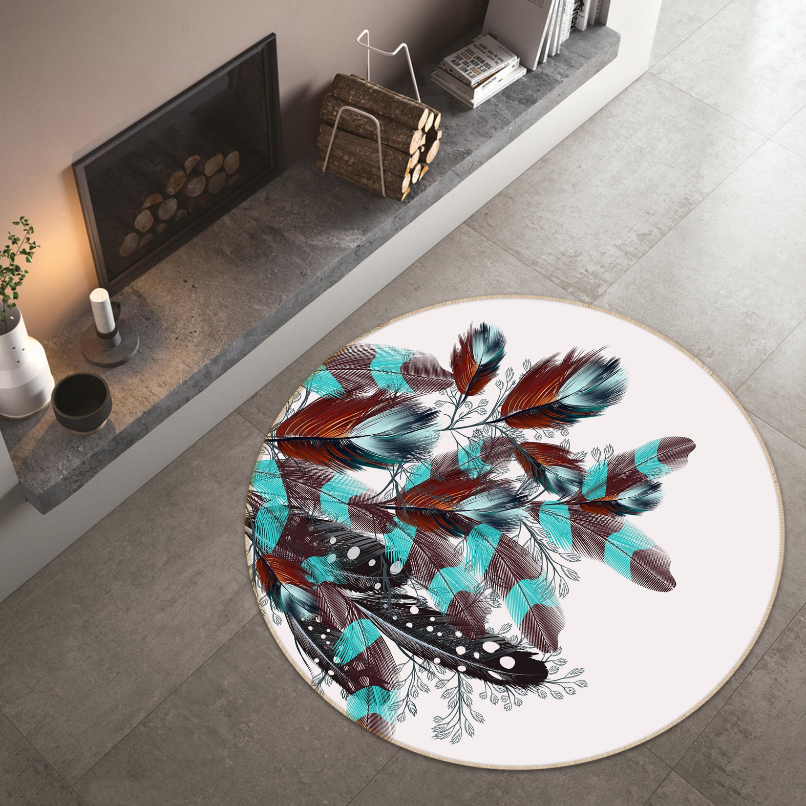 3D Feather 29095 Round Non Slip Rug Mat