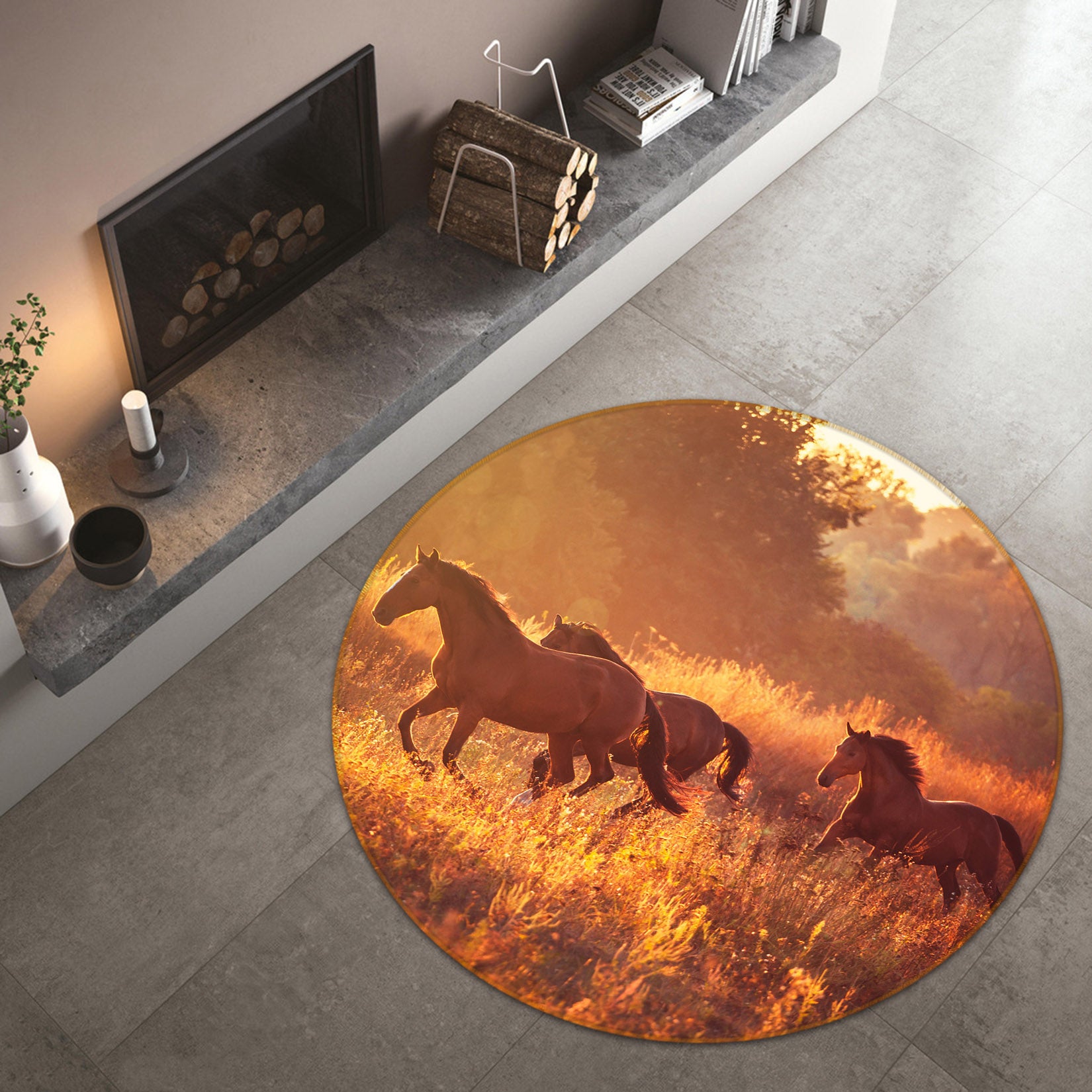 3D Prairie Horses 38006 Animal Round Non Slip Rug Mat