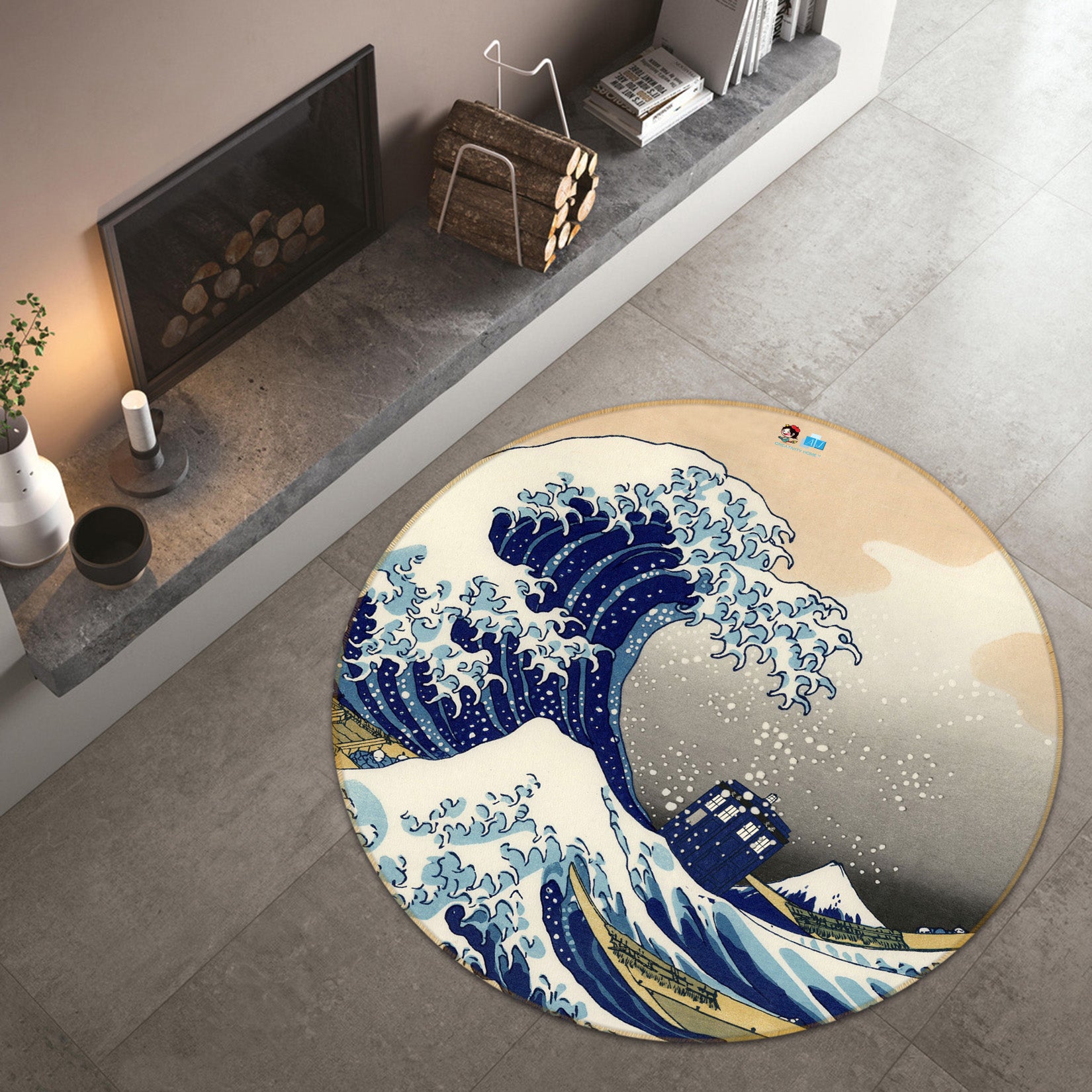 3D Japanese Style Waves 64182 Round Non Slip Rug Mat