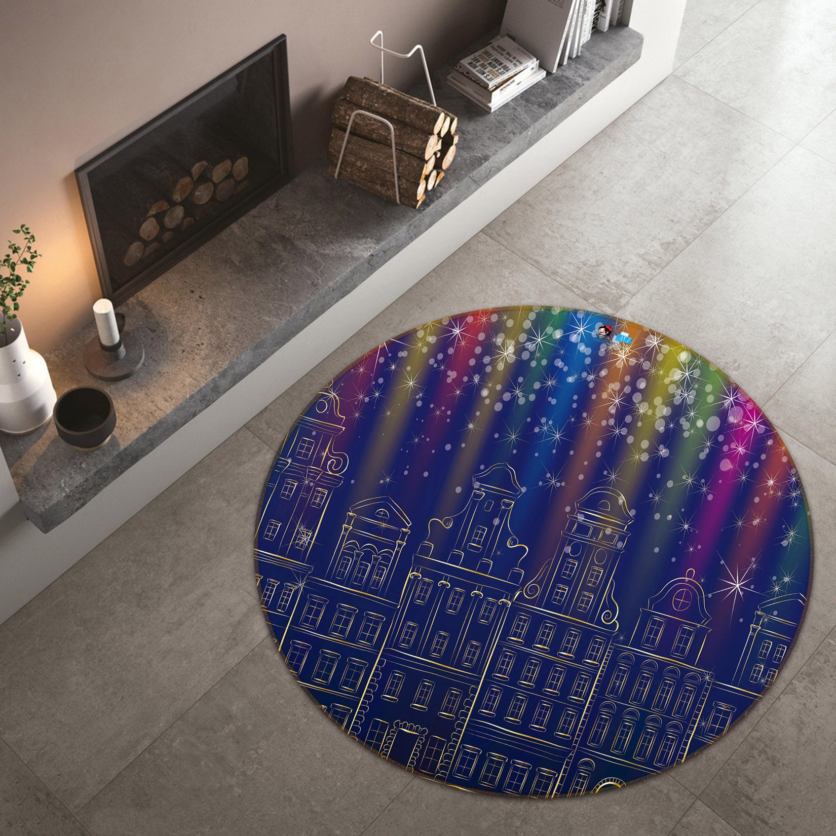 3D Colored Light Houses 54117 Christmas Round Non Slip Rug Mat Xmas
